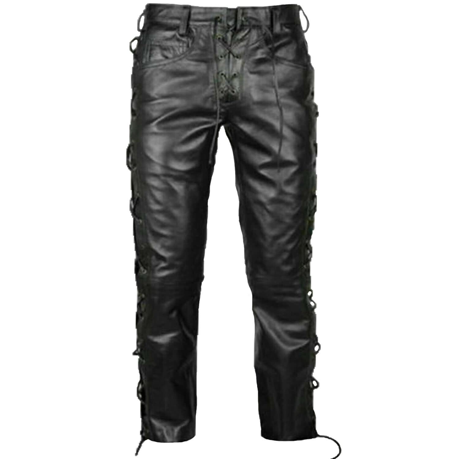 Genuine Cowhide Leather Biker Pants for Men - Side Laced Motorcycle Jeans | Perfect for Riding, Motorcycle Clubs & Casual Streetwear