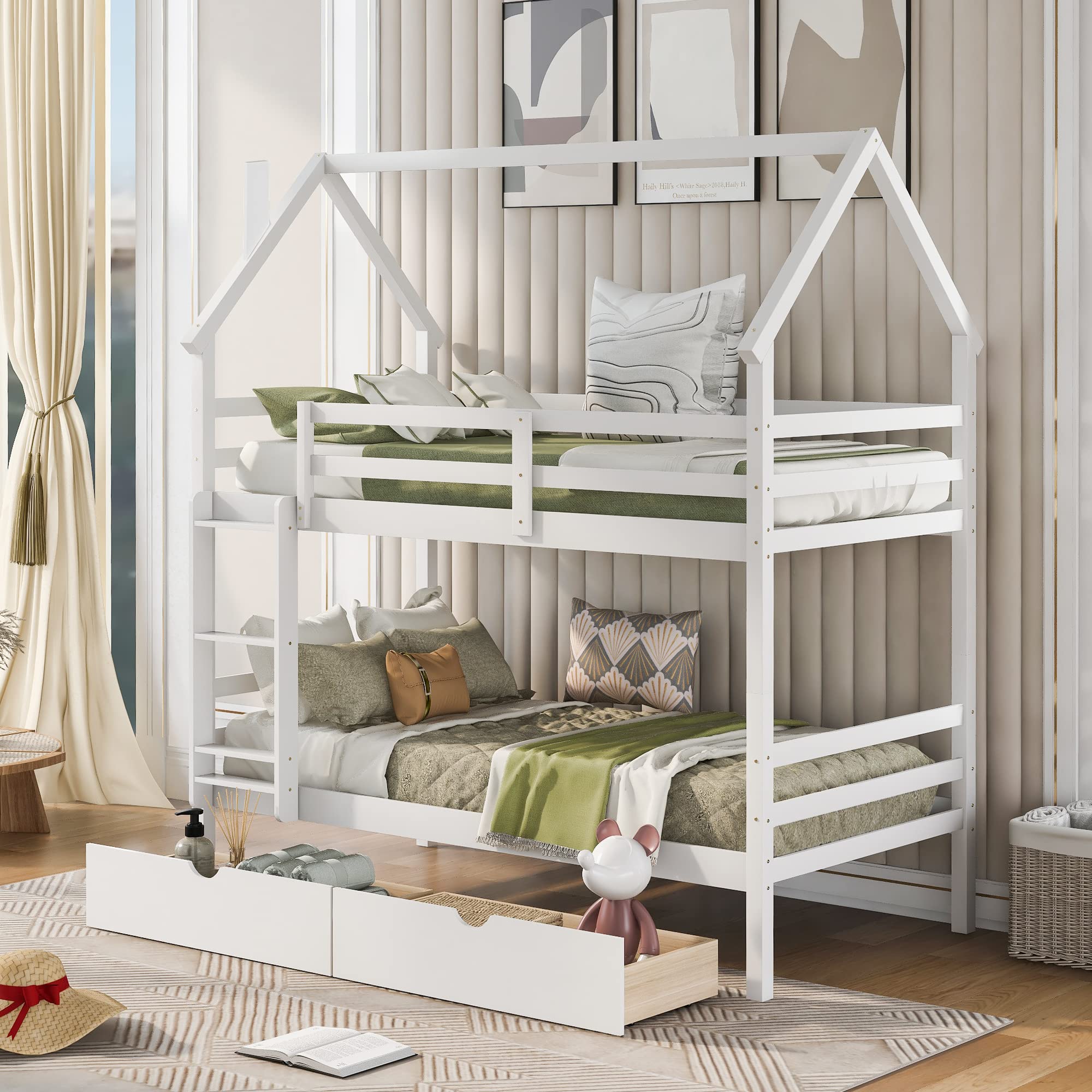 Merax Twin Over Twin Wooden Bunk Bed with Roof & Chimney Design - 2 Storage Drawers, Sturdy Kids & Teens Bed Frame for Boys & Girls (White) - Perfect for Small Bedrooms, Shared Kids Rooms & Space-Saving Sleep Solutions