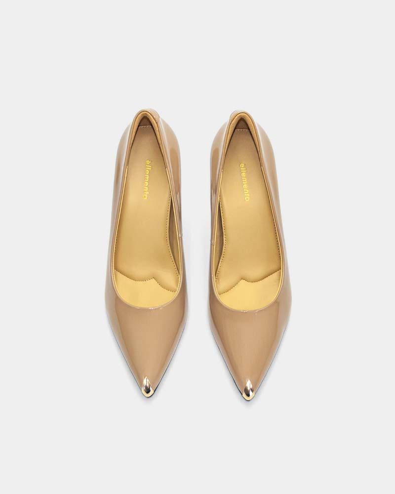 Beige Patent Leather Classic Pumps with Gold Toe Cap - Elegant Women's Dress Shoes for Office, Wedding & Formal Events