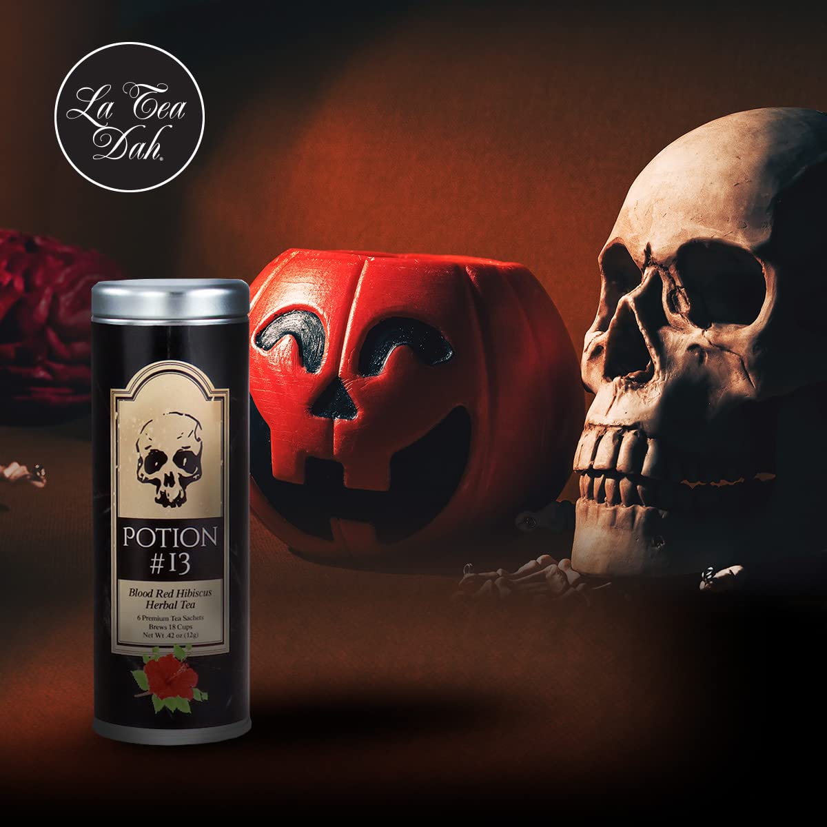 La Tea Dah Halloween Potions Gift Basket - Pumpkin Spice Tea, Blood Red Hibiscus Tea with Honey Stirrers | Non-Candy Gourmet Tea Gift Set for Halloween Parties, Witch-Themed Events & Cozy Autumn Evenings