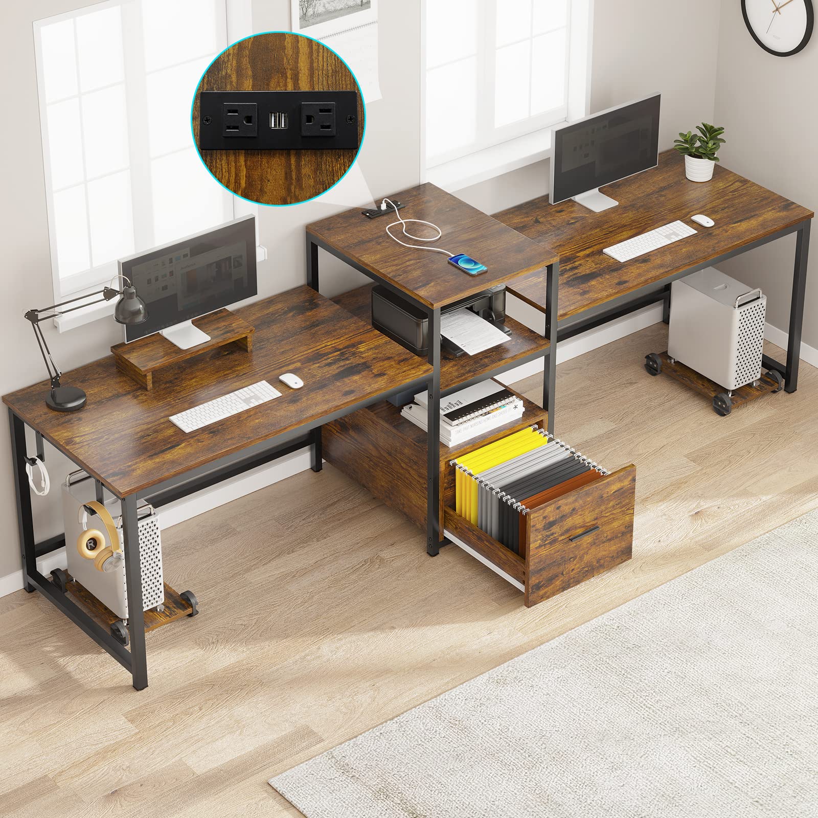 SEDETA 98 Inch Large Home Office Desk for 2 People - Rustic Brown Computer Desk with Storage Drawer, USB Power Strip, Printer Shelf & Monitor Stand - Perfect for Shared Workspace, Gaming Setup or Study Room