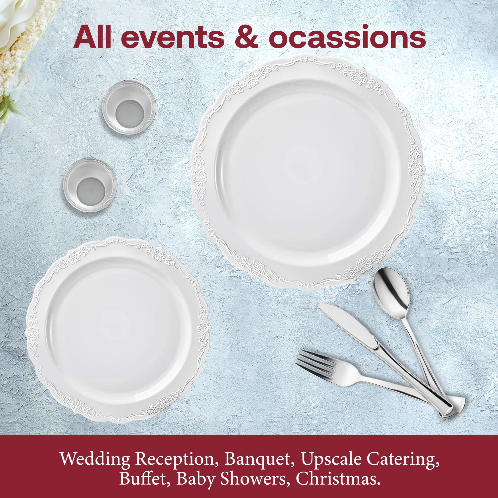 Smarty Had A Party Elegant Plastic Plates Wedding Value Set for 120 Guests - Disposable Dinnerware with White Plates, Silverware & Clear Plastic Cups - Perfect for Weddings, Bridal Showers & Formal Events