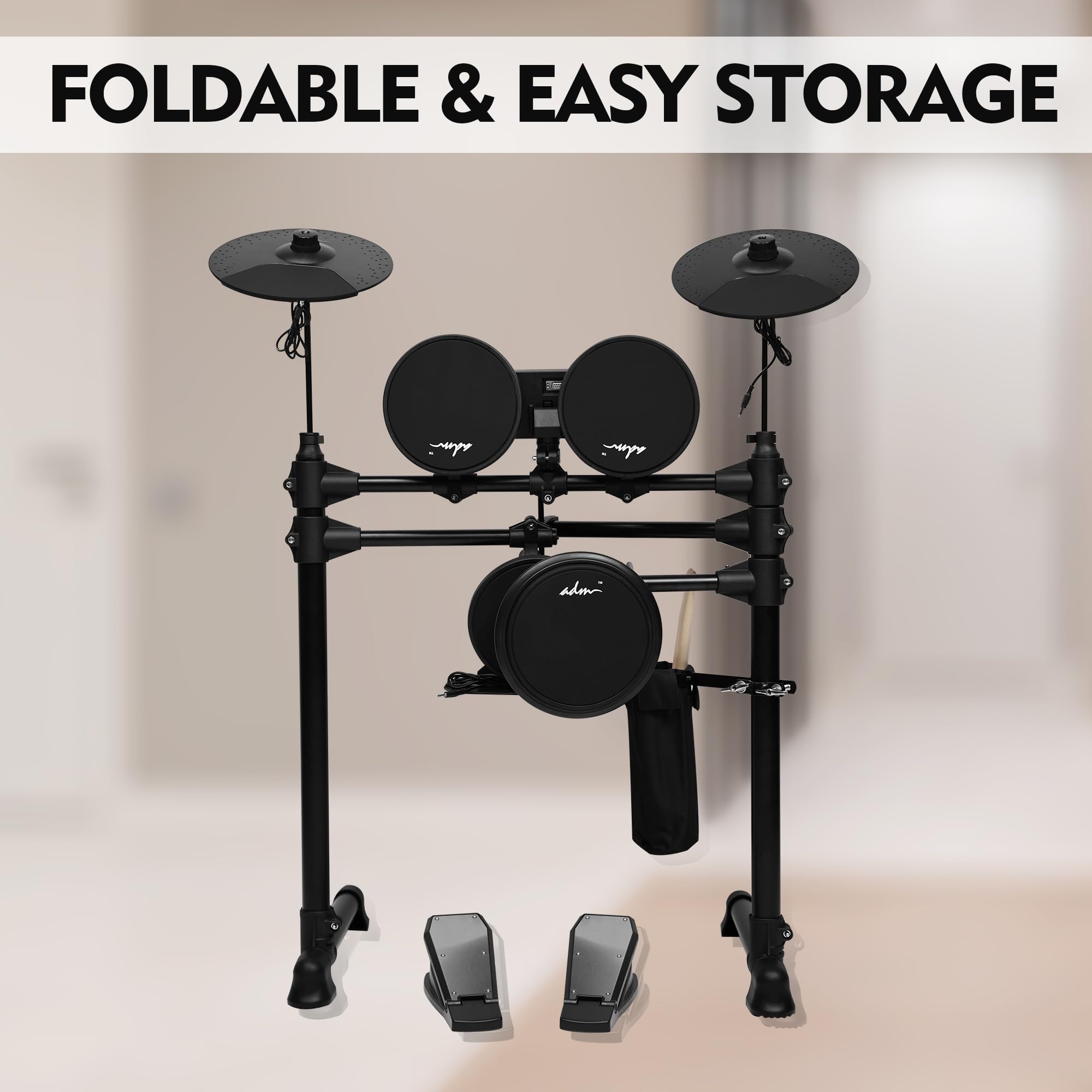 ADM Electronic Drum Set with 4 Quiet Mesh Pads - 180+ Realistic Sounds, Beginner Electric Drum Kit with Dual Pedals, Throne, Headphones & Sticks | Perfect for Home Practice, Music Lessons & Silent Training