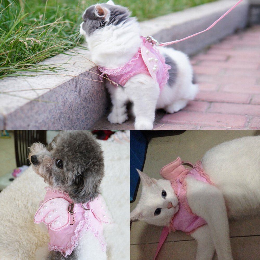 Small Pet Cat Dog Harness and Leash Set - Breathable Mesh Vest with Lace & Pearl Angel Wings + 49.21