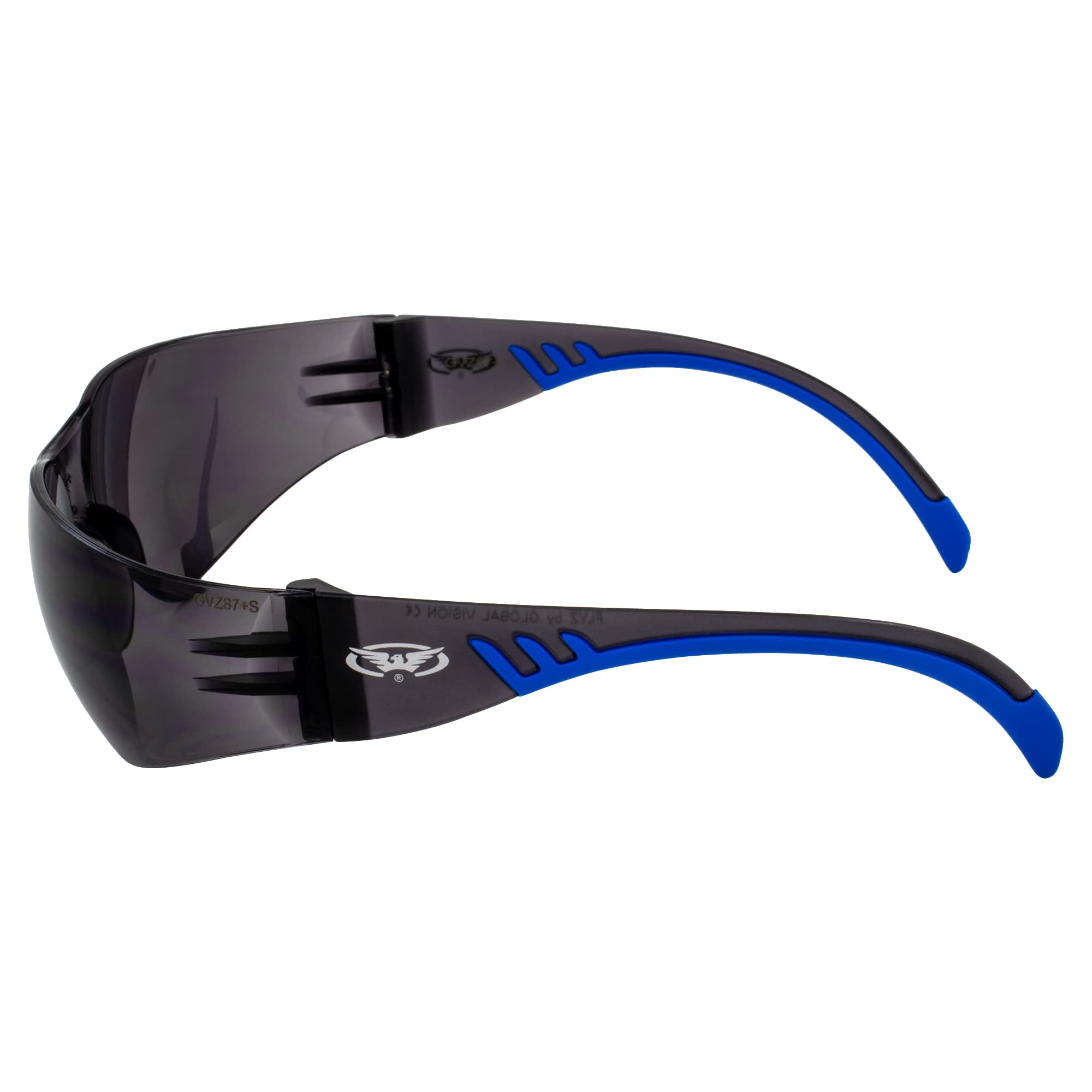 Global Vision Flyz One-Piece Motorcycle Safety Sunglasses - ANSI Z87.1 Certified, Shatterproof Polycarbonate Lenses, UV400 Protection, Scratch Resistant - Black-Blue Rubber Tips with Smoke Lens - Perfect for Riding, Cycling, and Outdoor Sports