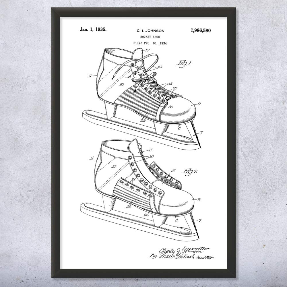 Patent Earth Framed Hockey Ice Skate Print - Premium Black & White Ice Skating Wall Art (9x12) - Perfect Gift for Hockey Players, Coaches & Figure Skating Enthusiasts - Ideal for Home Decor, Sports Themed Rooms & Hockey Locker Room Inspiration