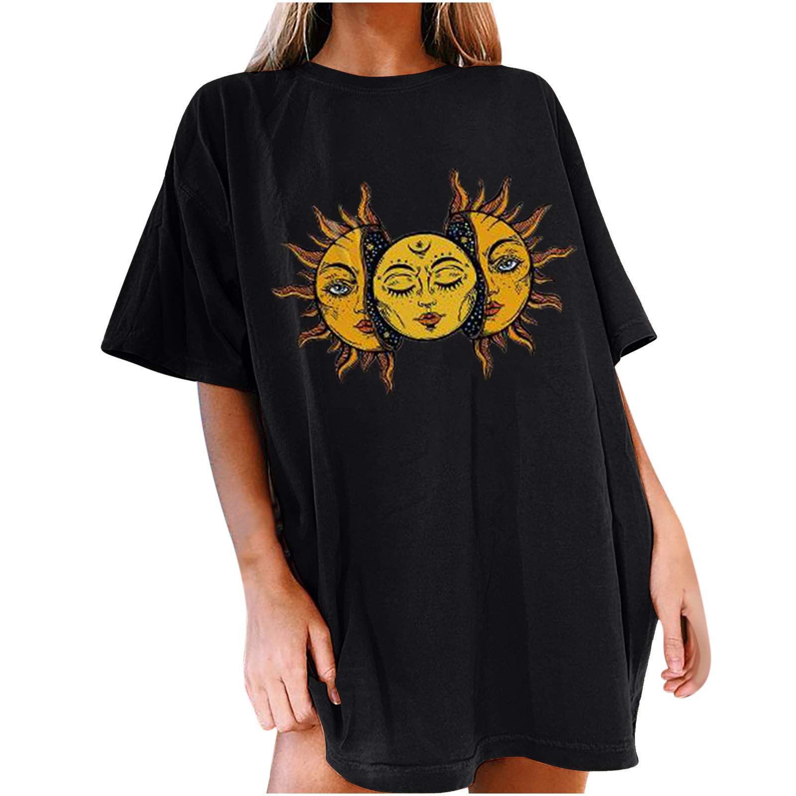 Trendy Oversized Graphic Tees for Women - Sun Moon & Natural Landscape Printed Retro T-Shirts - Loose Fit Boyfriend Shirts for Casual Wear, Street Style & Vacation Outfits