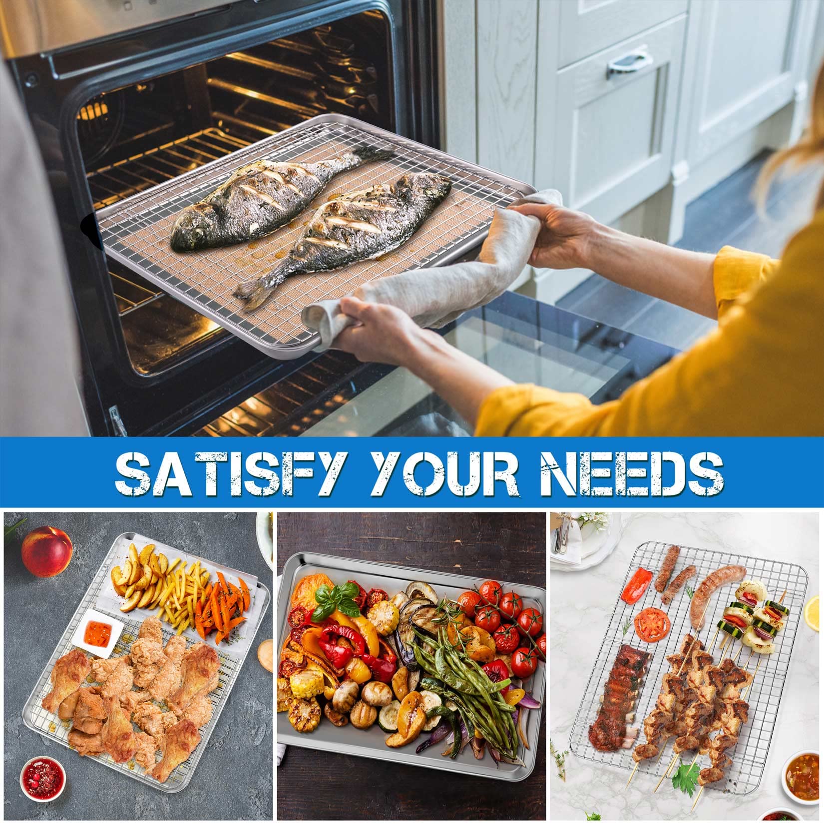 P&P CHEF 3-Piece Stainless Steel Toaster Oven Pan Set with Grid Rack & Silicone Mat - 16x12x1 Inch Baking Tray, Roasting Rack - Dishwasher Safe - Perfect for Baking, Roasting & Meal Prep in Toaster Ovens
