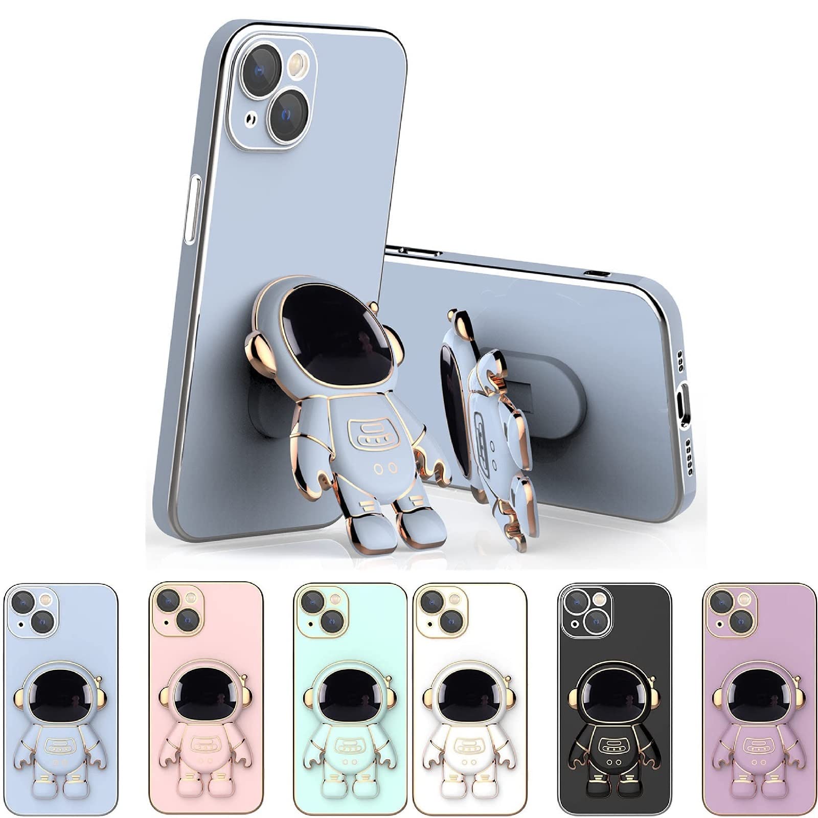6D Plating Astronaut Hidden Stand Case Cover for iPhone 12/13/14 Pro Max - Anti-Scratch Camera Protector & Folding Bracket Phone Case with Lens Film - Perfect for Gaming, Watching Videos & Hands-Free Calls