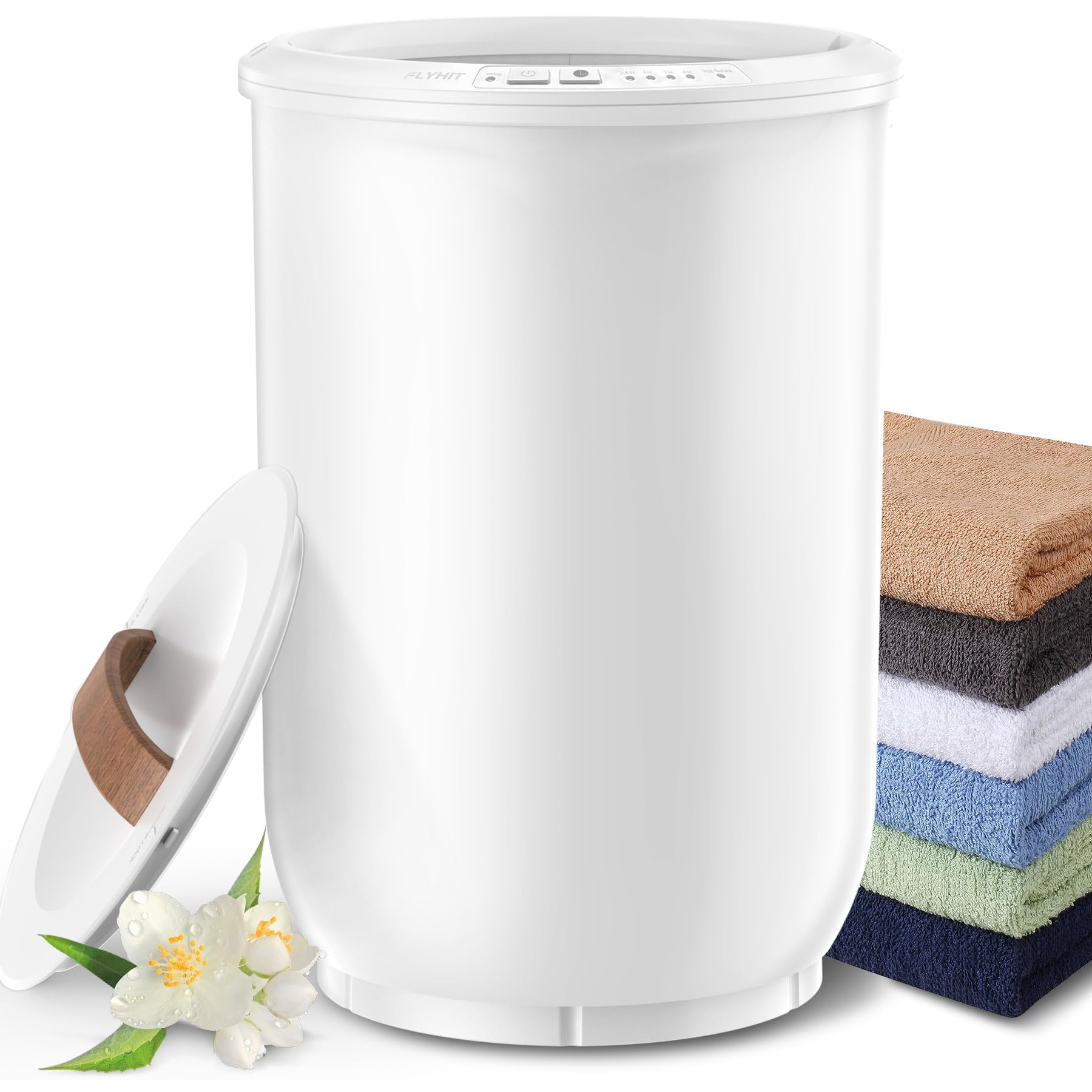 Large Electric Towel Warmer for Bathroom - Heated Towel Warmer Bucket with Wood Handle & Auto Shut Off, Holds 2 Oversized 40