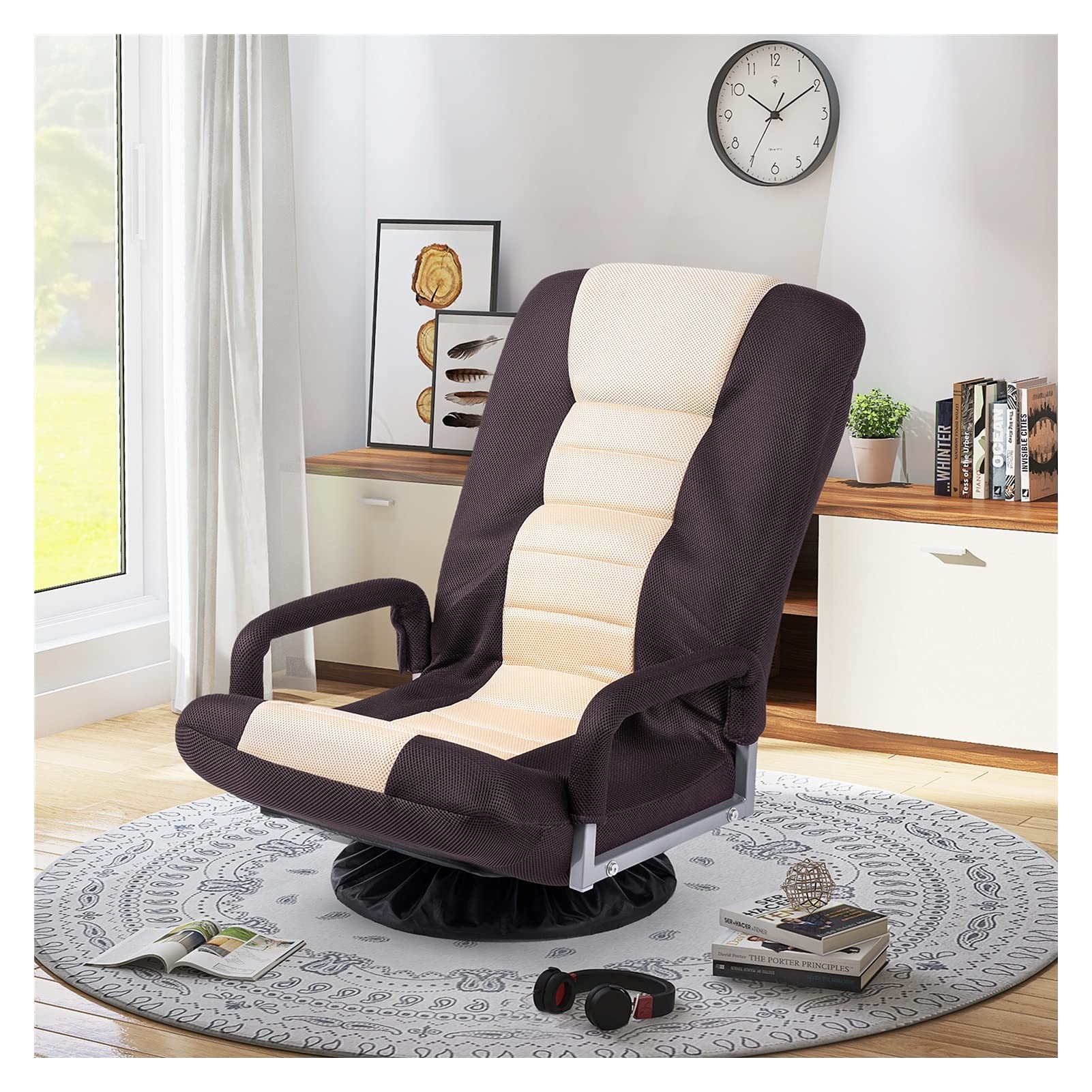 WHNB Swivel Video Rocker Gaming Chair - Ergonomic Computer Chair with 7-Position Adjustable Recline, Foldable Floor Sofa Lounger for Office & Home (Brown/Beige) - Perfect for Gaming, Working, Relaxing & Small Space Living