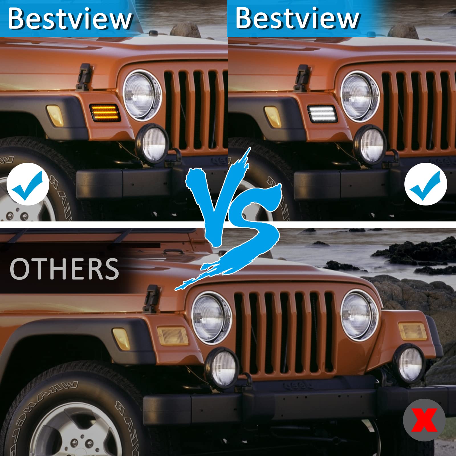 Bestview Jeep Wrangler TJ LED Sequential Front Turn Signal Lights with White DRL & Smoked Lens Side Markers - Compatible with 1997-2006 Jeep Wrangler TJ (Pack of 2) - Upgrade Your Off-Road Lighting for Enhanced Safety & Style