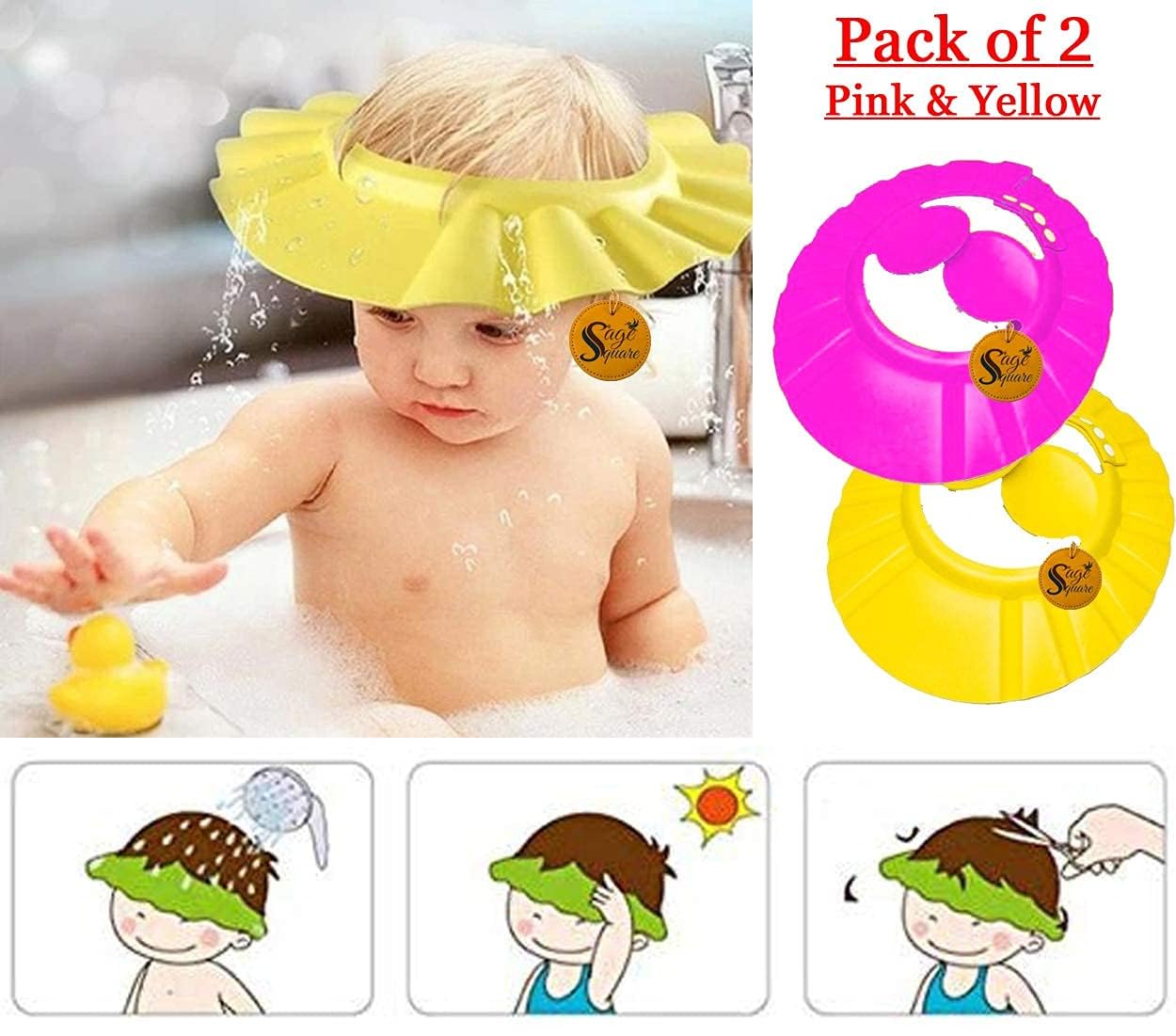 Sage Square Adjustable Baby Shower Cap with Ear Protection - Soft & Safe Bathing Hat for Infants & Toddlers (Pink & Yellow, 2-Pack) - Perfect for Sensitive Ears During Hair Wash & Bath Time