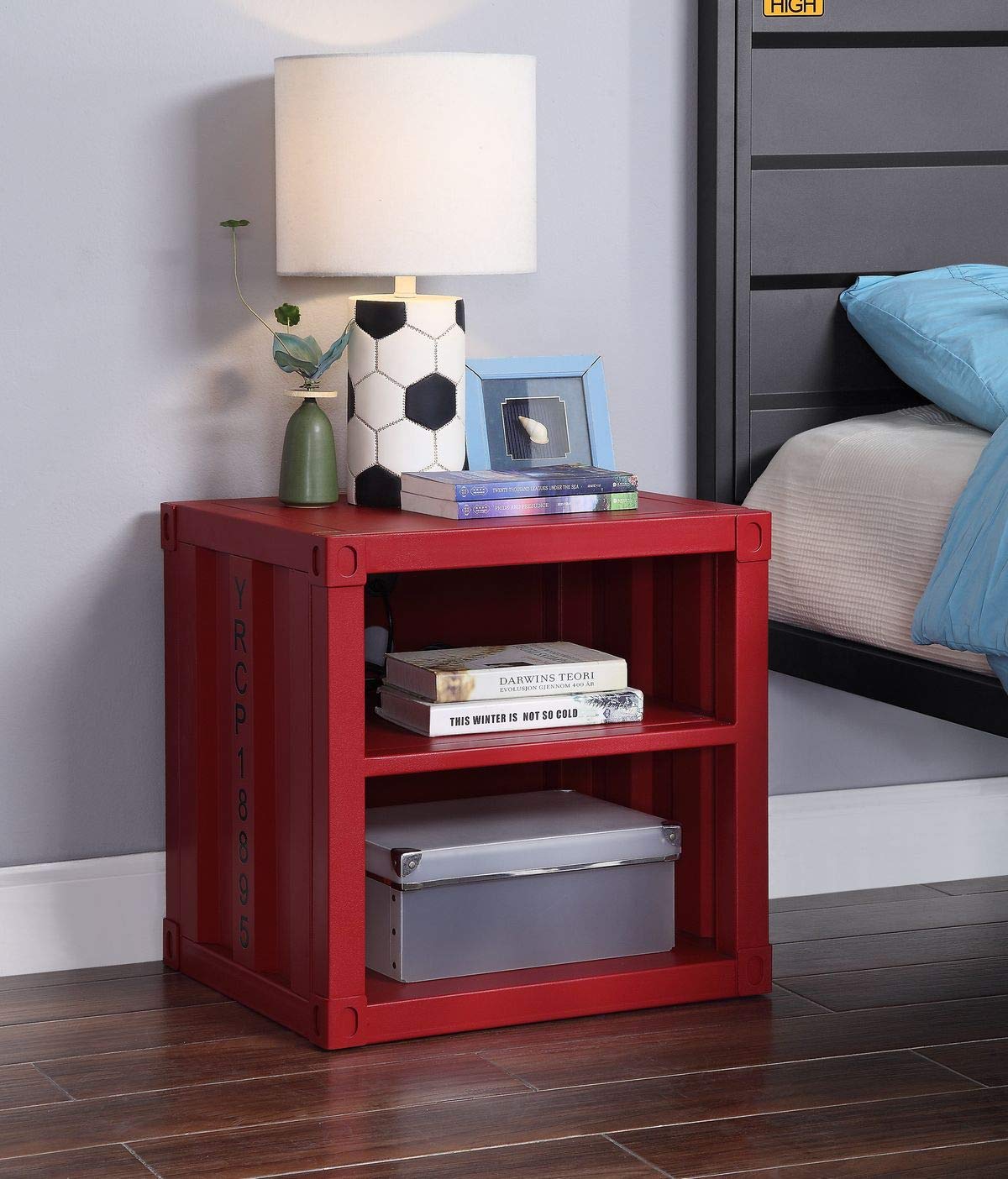 Industrial Nightstand with 2 Open Shelves & USB Ports - Cargo Container Style Bedside Table, Storage Cabinet for Bedroom, Living Room, or Office - Perfect for Small Spaces, Modern Furniture & Charging Devices