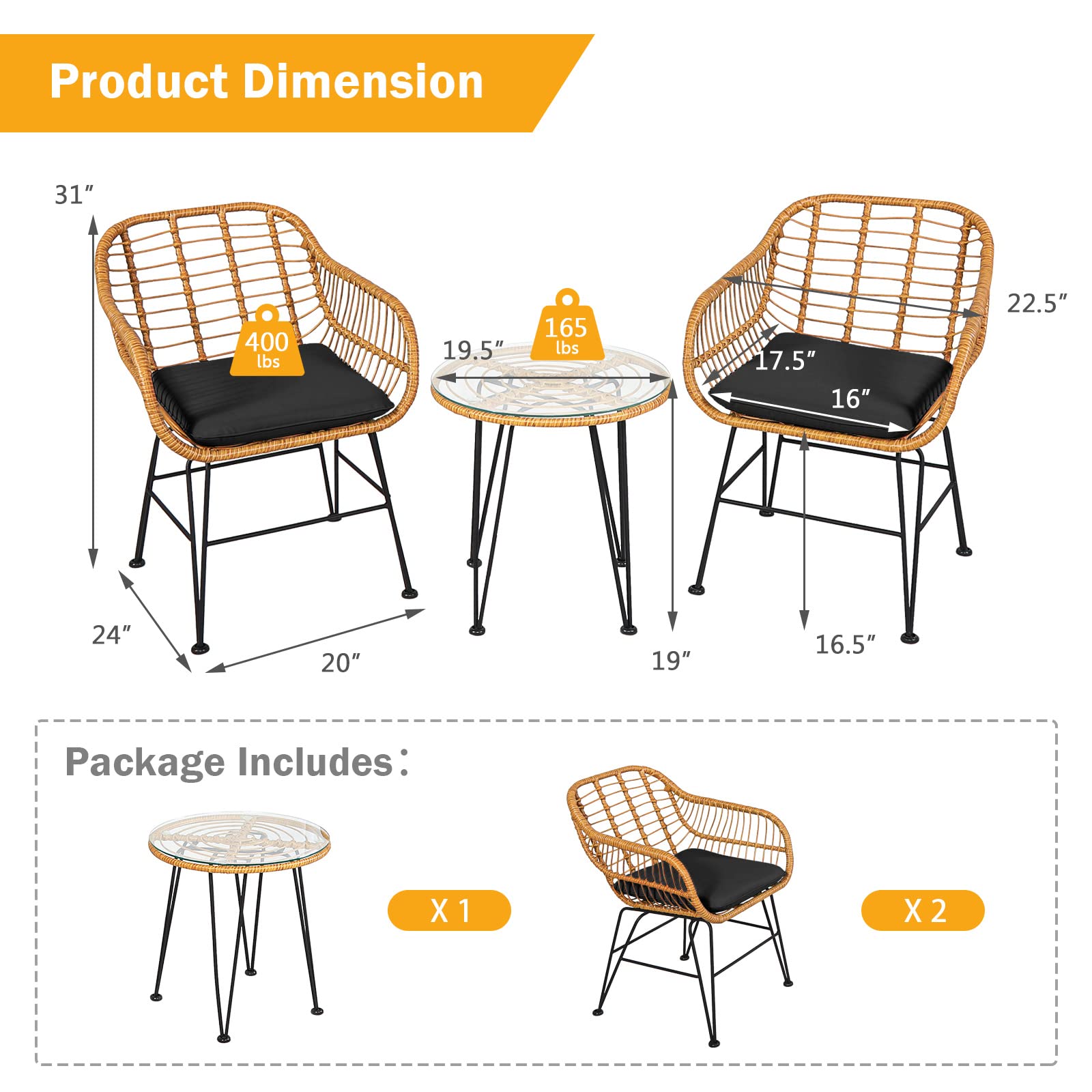 **HAPPYGRILL 3-Piece Rattan Bistro Set with Steel Frame, Round Coffee Table & Soft Cushions - Outdoor Patio Furniture for Garden, Balcony, or Poolside Relaxation**