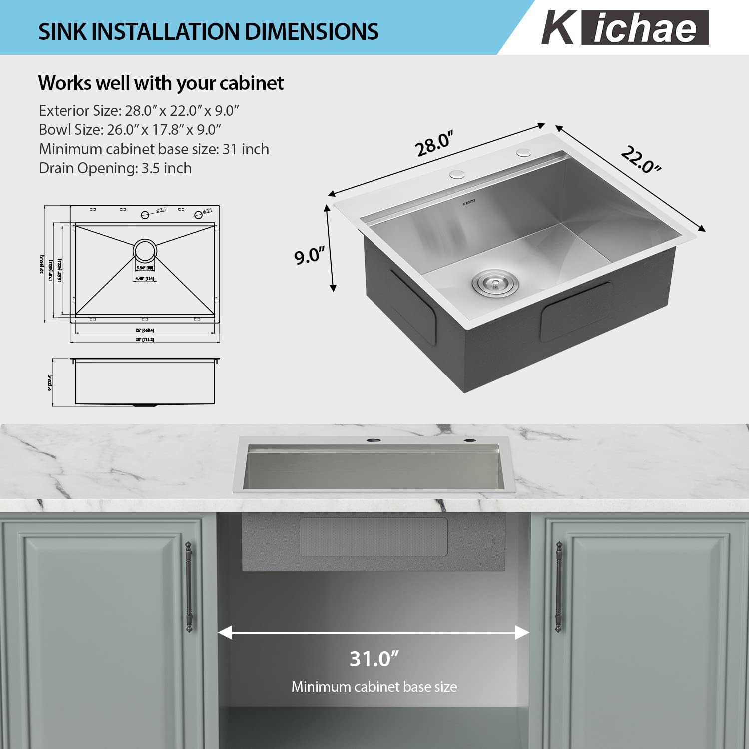 Kichae 28x22 Inch Stainless Steel Single Bowl Drop-In Kitchen Sink - Topmount/Overmount Handmade Basin Workstation for Modern Kitchens | Perfect for Meal Prep, Dishwashing & Small Space Cooking