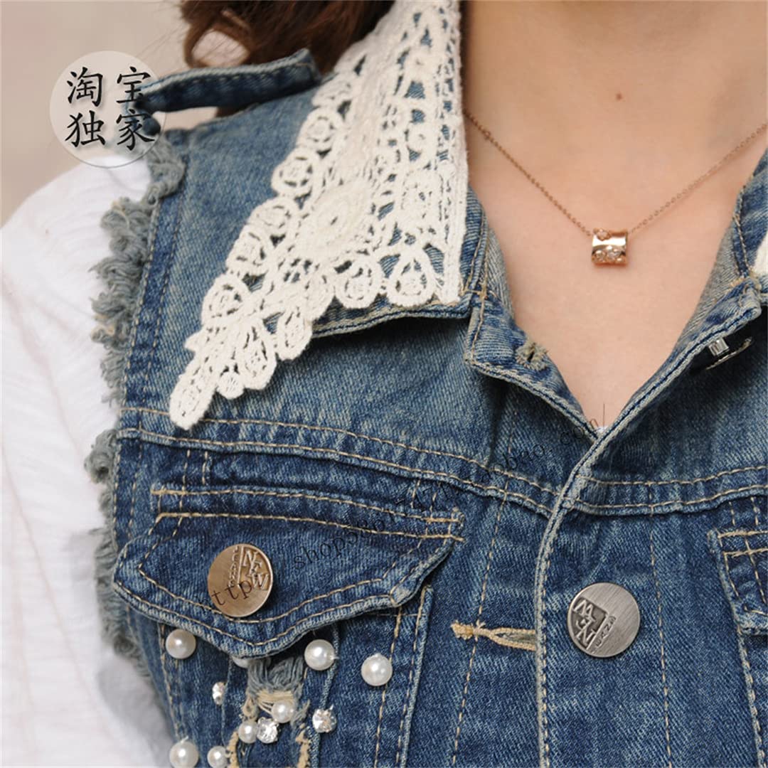 Korean Lace Turn-Down Collar Women's Denim Vest - Beaded Slim Waistcoat Sleeveless Jacket for Casual Outfits & Summer Fashion