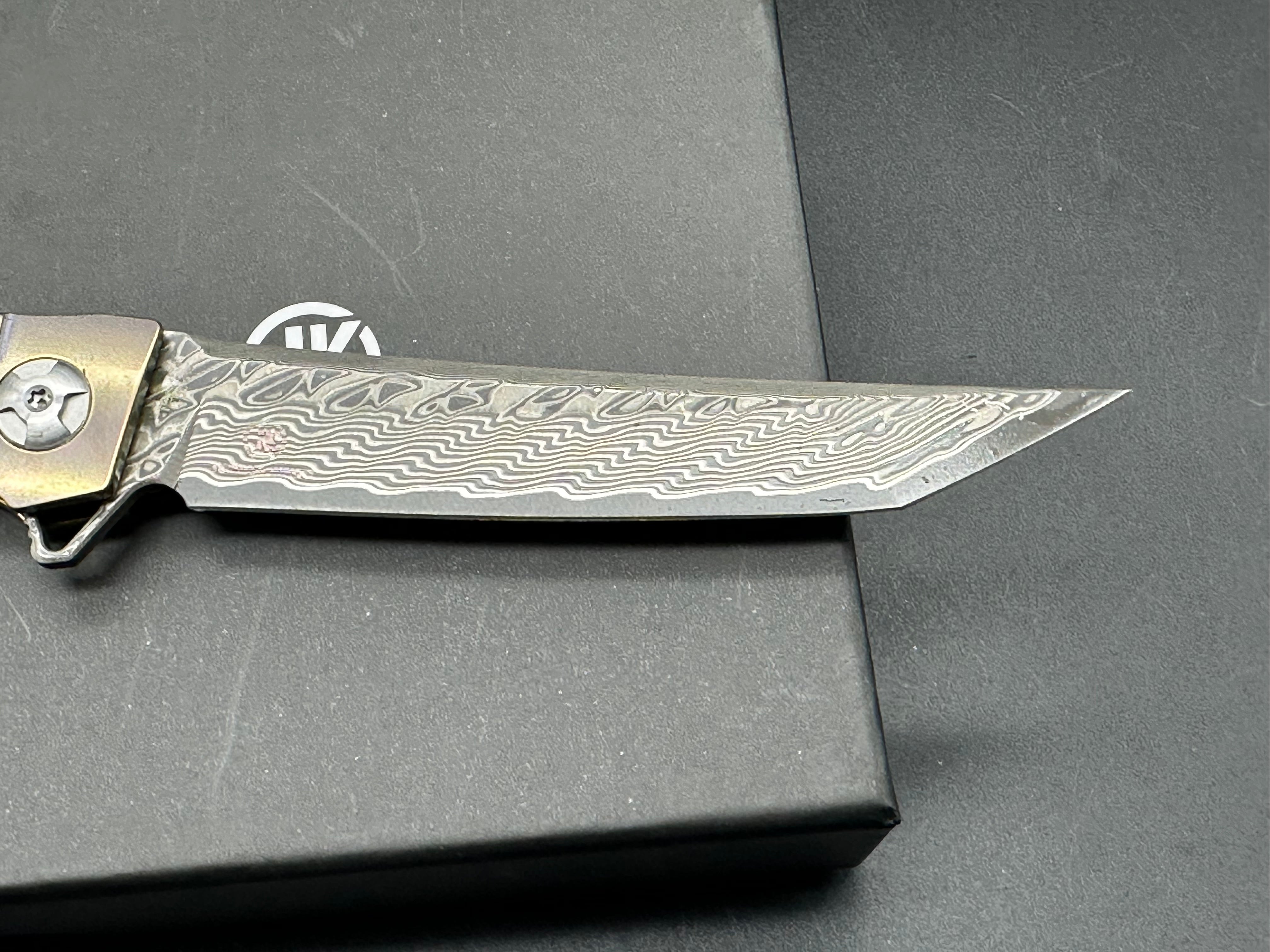 DEFCON JK Series Folding Knife - Damascus Steel Blade with Bronze Titanium Handle - EDC Pocket Knife for Camping, Hiking & Outdoor Survival