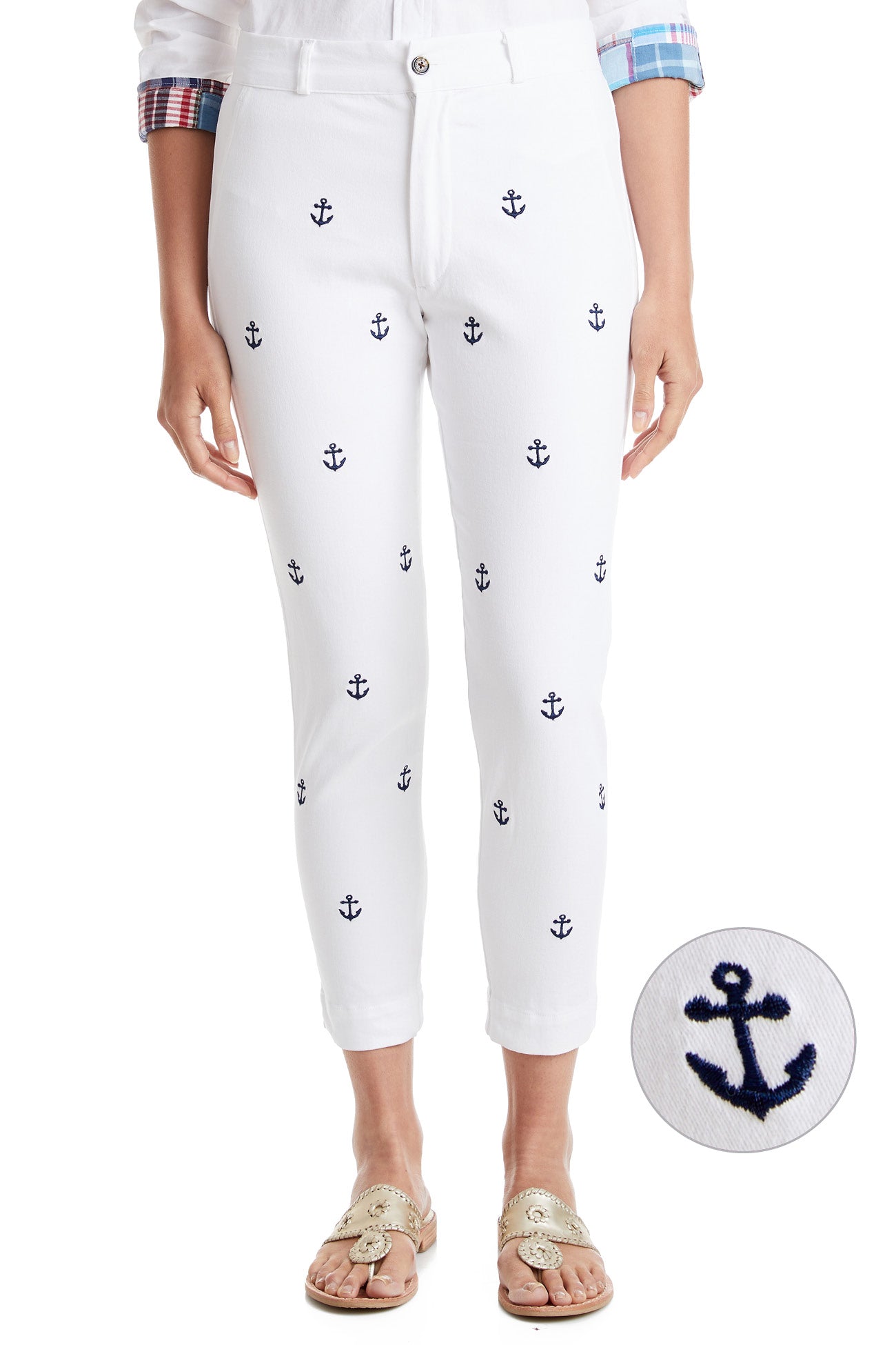 Women's Stretch Twill Ankle Capri Pants in White with Anchor Print - Perfect for Casual Wear, Summer Outfits & Nautical-Themed Events