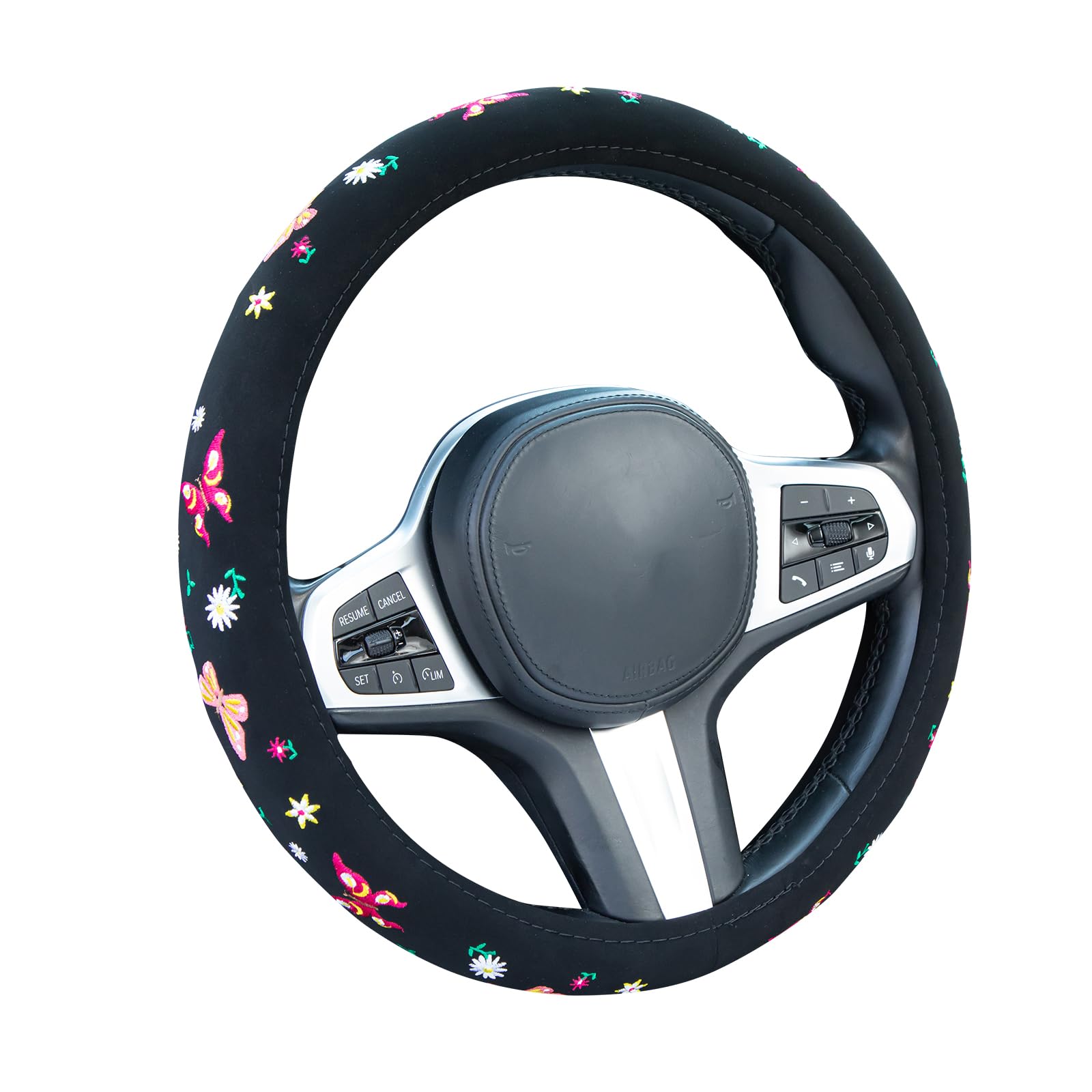 Embroidered Butterfly Daisy Black Steering Wheel Cover - Anti-Slip Breathable Car Steering Wheel Protector for Women, Universal 15 Inch Fit Most Vehicles | Perfect for Daily Commute & Road Trips