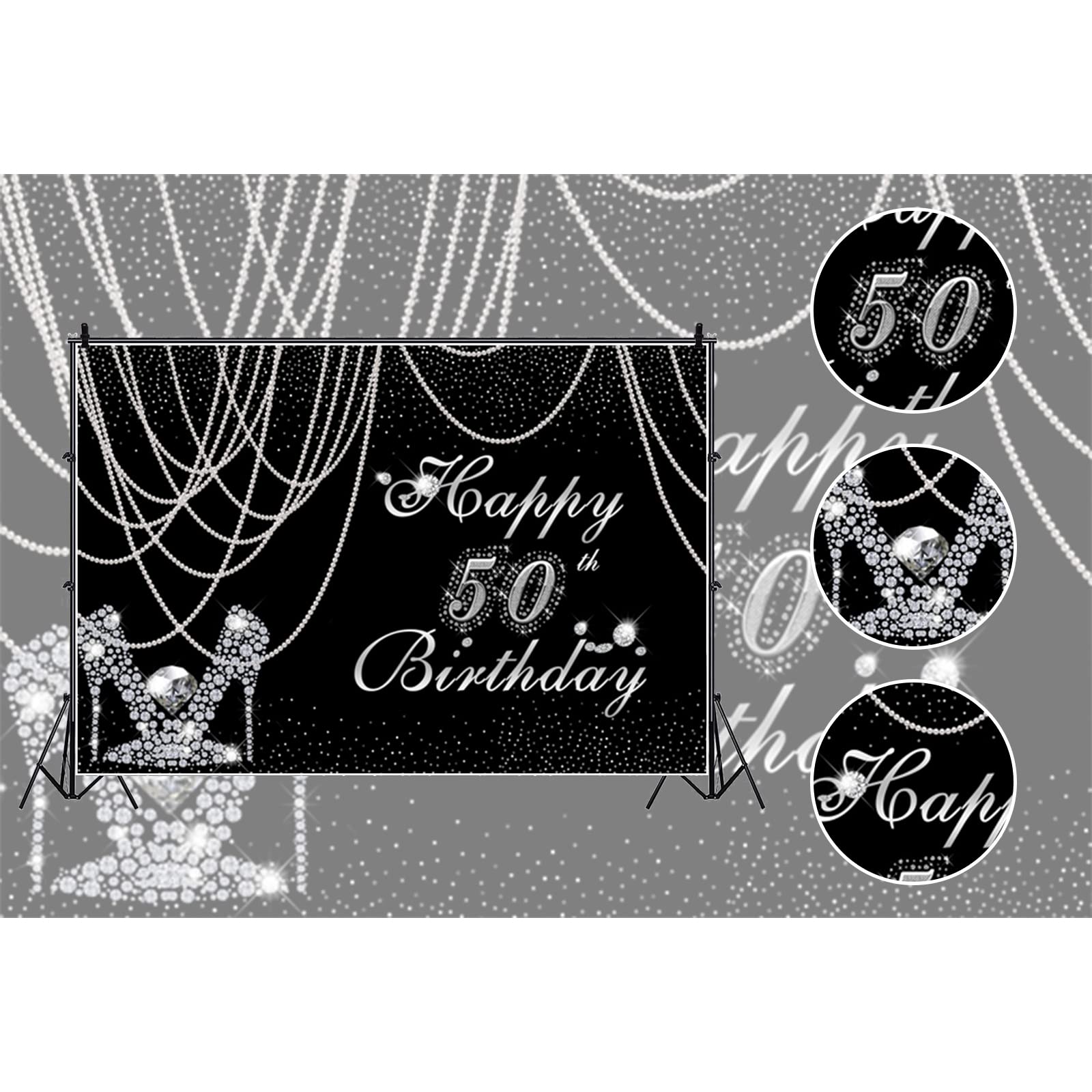 50th Birthday Party Backdrop for Women - 10x8ft Black & Silver Sparkly Photo Background with Pearl Curtain & Diamond High Heels Design - Perfect for Photography Studio, Photo Booth, Milestone Celebrations & Birthday Party Decorations