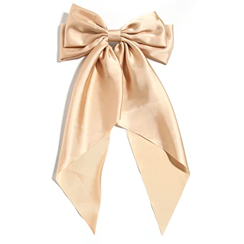 LFOUVRE Elegant Satin Hair Bows for Women & Girls - Large Bow Barrettes with Long Tail, Khaki Ribbon Hair Clips, Fashion Hair Accessories for Parties, Weddings & Everyday Wear