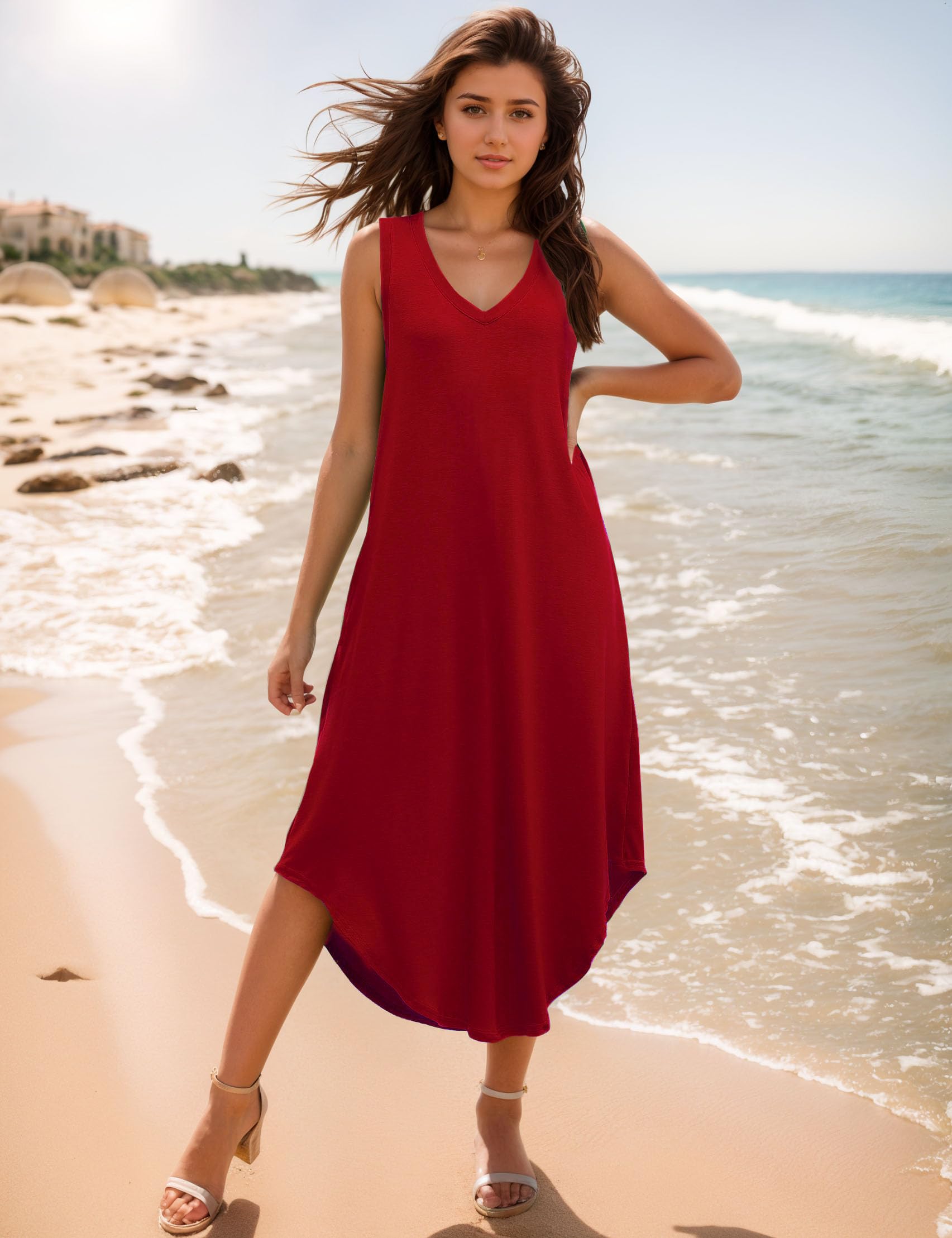Women's Summer Maxi Dress - Casual Sleeveless V-Neck Loose Sundress with Pockets | Beach Cover Up, Vacation Outfit, Boho Chic Fashion