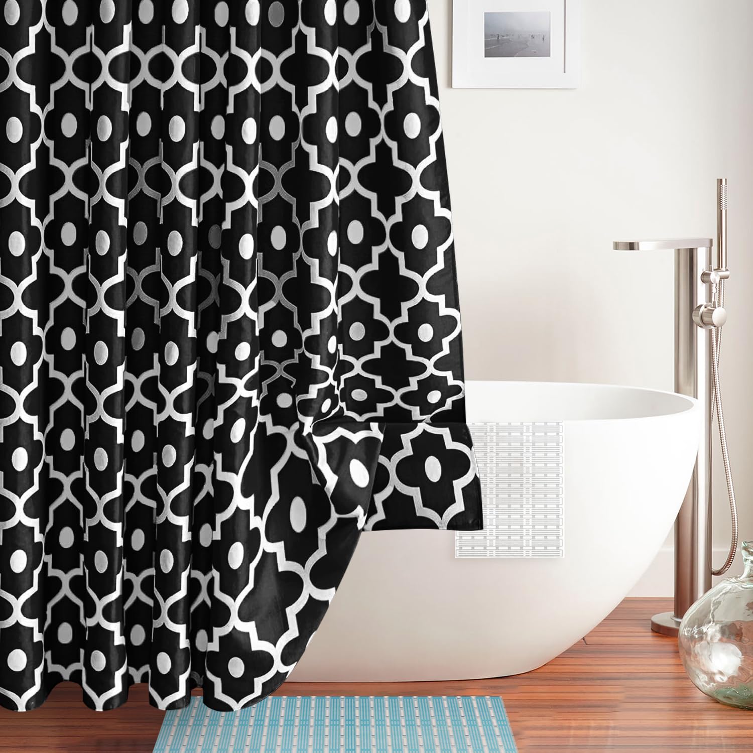 Biscaynebay Textured Fabric Shower Curtain 72x72 Inches - Black Morocco Pearl Printed Linen Bath Curtain for Modern Bathroom, Hotel Luxury Quality, Machine Washable | Perfect for Spa-Like Bathrooms & Upscale Hotel Decor