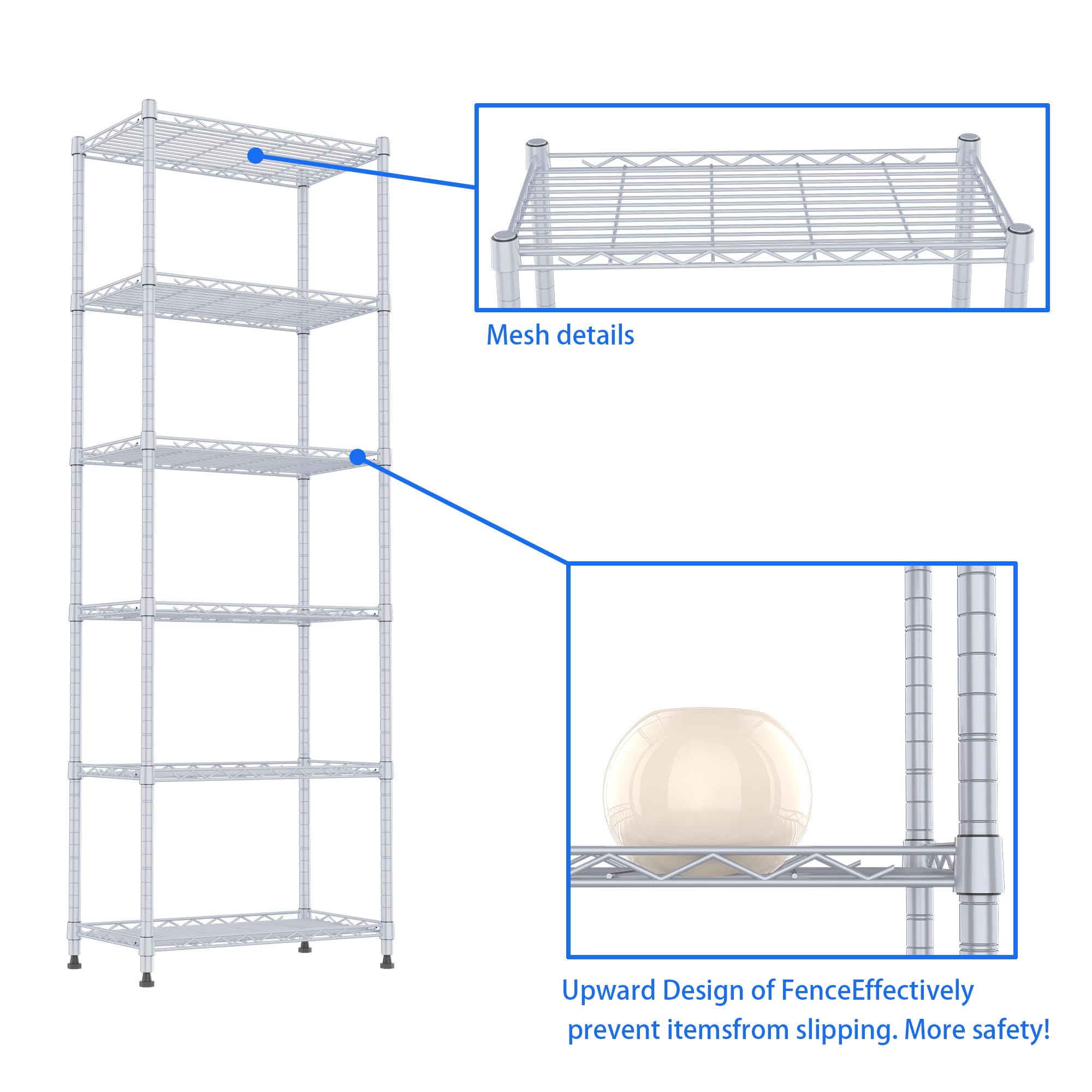 REGILLER 6-Tier Adjustable Steel Wire Shelving Unit - Heavy Duty Storage Rack for Laundry, Bathroom, Kitchen, Pantry & Closet Organization (Silver, 11.7