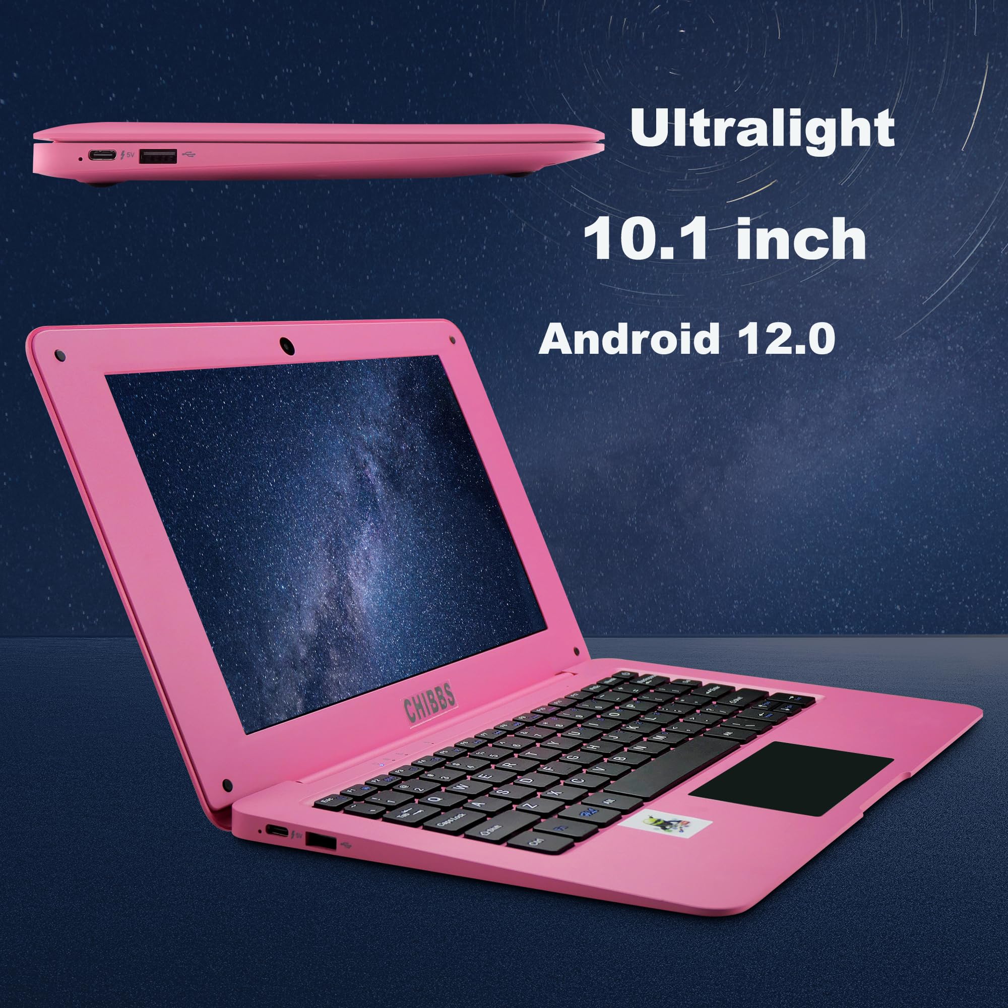 CHIBBS 10.1 Inch Kids Laptop Computer - Android 12.0 Netbook with Quad Core Processor, 2GB RAM, 64GB ROM, HD Camera, USB Ports, Bluetooth & WiFi (Pink) - Perfect for Learning, Games & Online Classes for Children