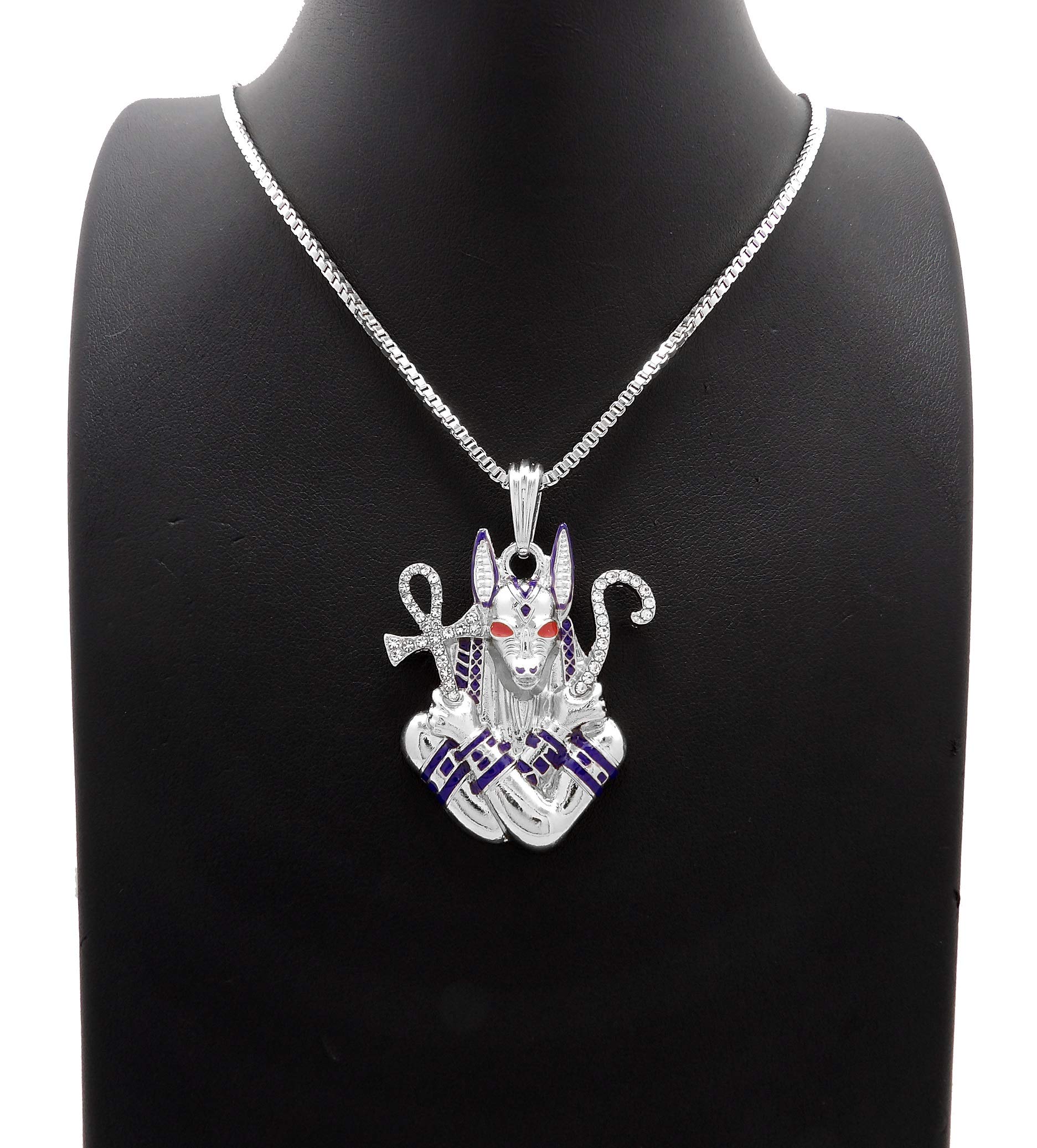 18K White Gold Iced Egyptian Anubis Pendant & Box Chain Necklace - 18/20/24 Inch Cuban Rope Chain for Men Hip Hop Jewelry - Perfect for Streetwear, Gifts & Special Occasions