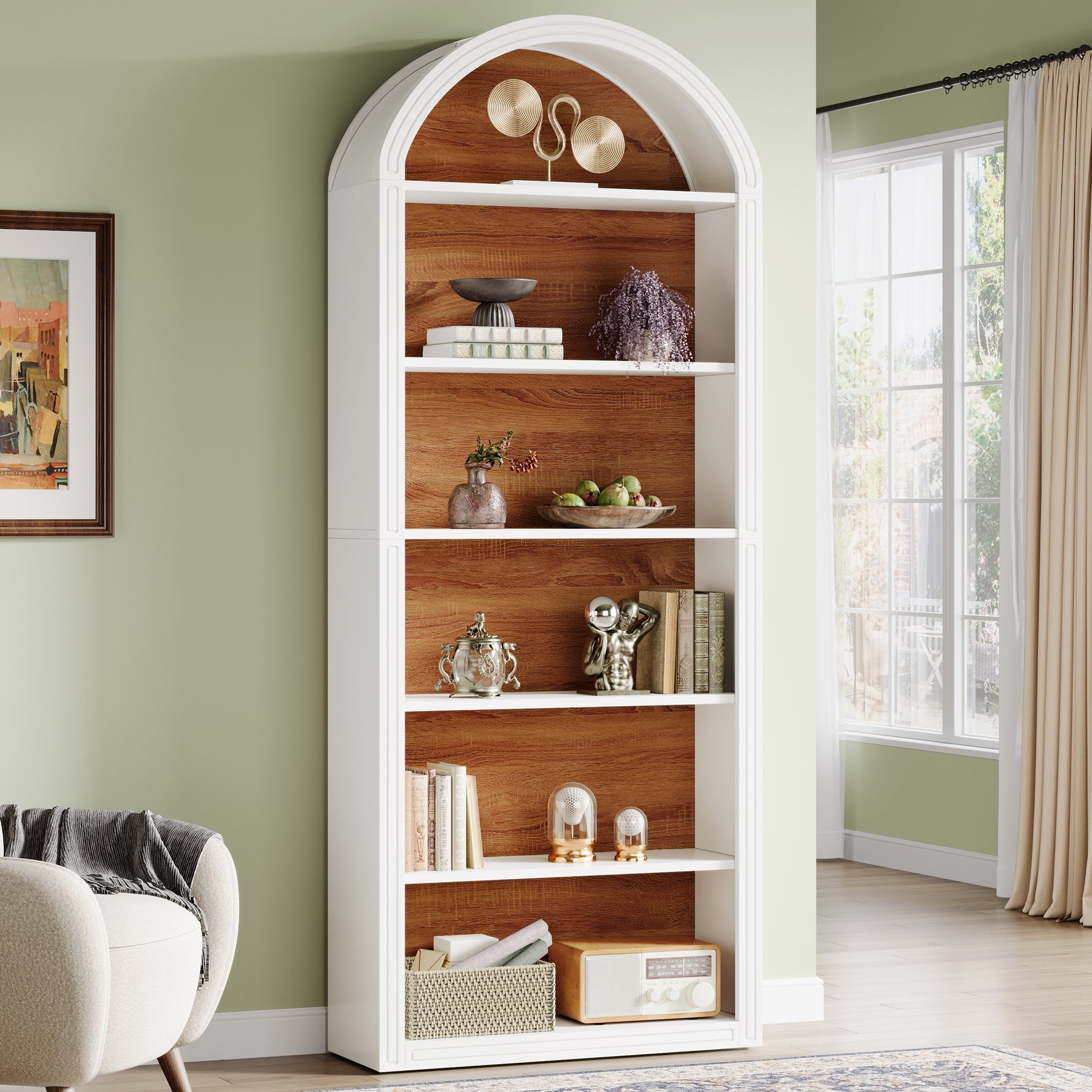 6/8 Tier Tall Wooden Bookshelf - Arched Bookcase Display Shelving Unit for Living Room, Office & Bedroom Storage & Organization