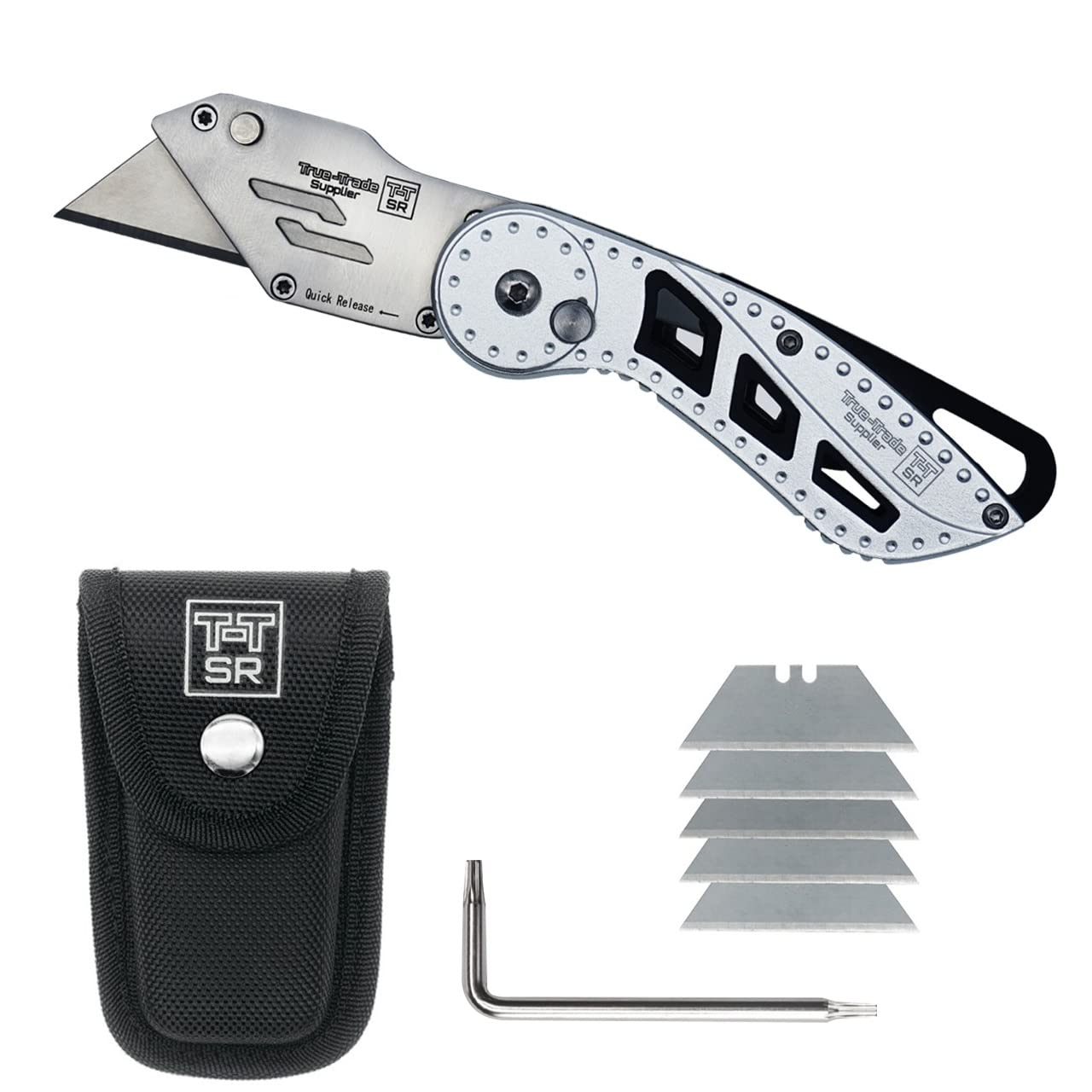 Heavy Duty Folding Utility Knife with Maintenance Tool - Stainless Steel Box Cutter with Nylon Holster & Belt Clip - Durable Roofing Knife with 1-Year Warranty - Perfect for Construction, DIY Projects, and Packaging Work