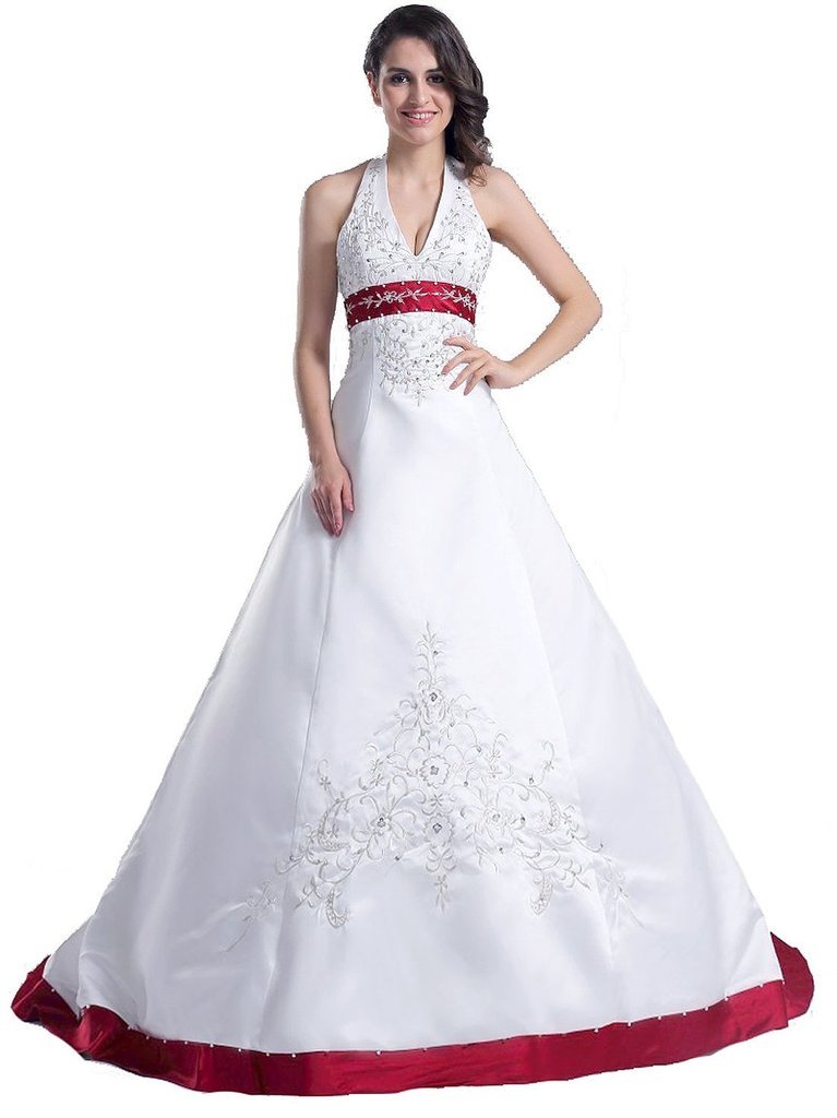 Elegant Women's Halter Neck Embroidered Satin Wedding Dress with Corset Back - Perfect for Bridal, Prom, Evening Gala & Special Occasions