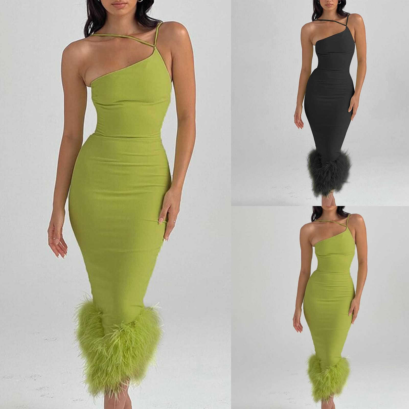 Elegant Women's Sexy Feather Hem Knit Dress - Asymmetrical Strap Sleeveless Midi Dress for Party, Club & Streetwear | Perfect for Night Out, Date Night & Special Occasions