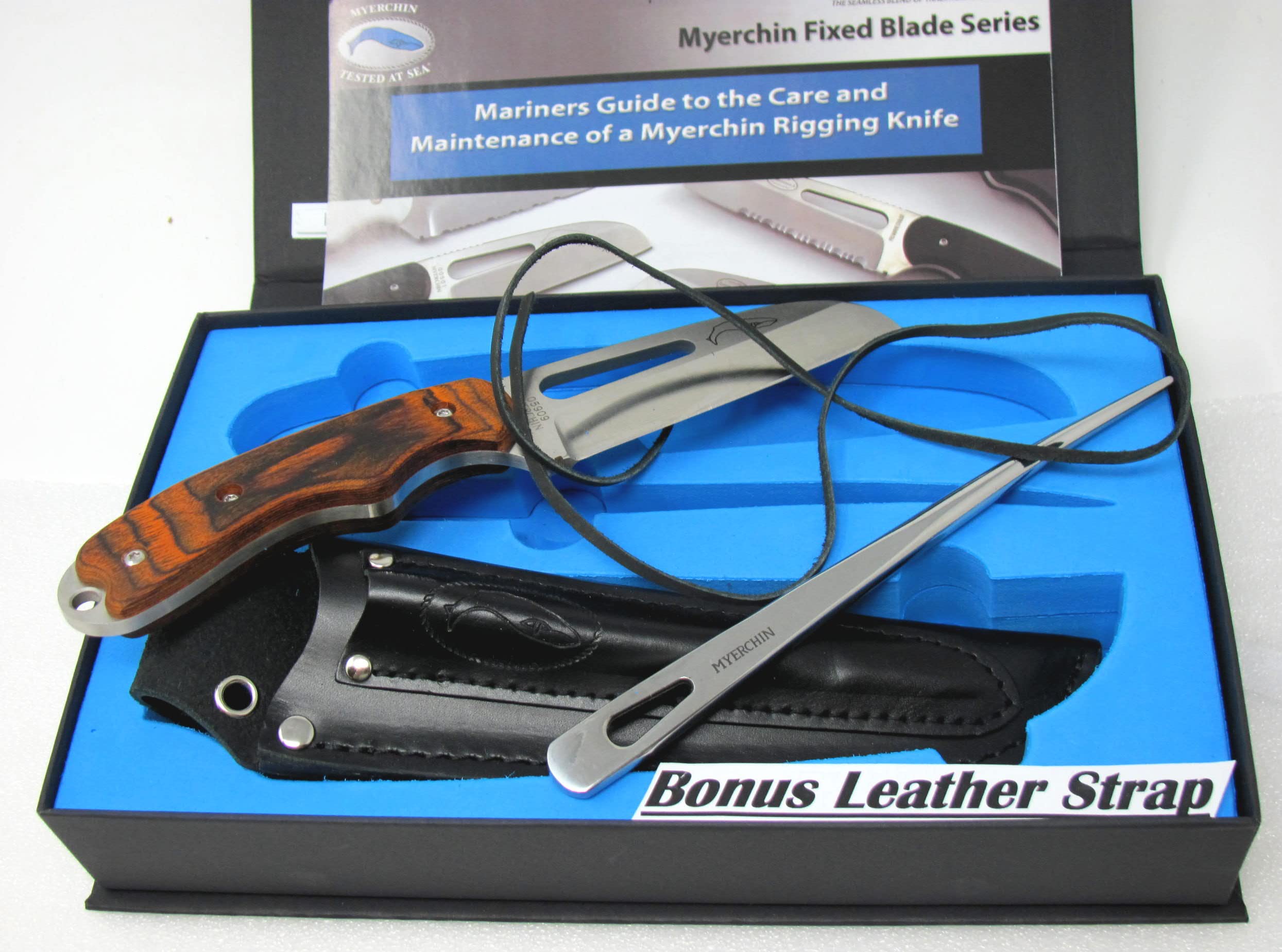 W100 Generation 2 Professional Wood Offshore Rigging System - Fixed Blade & Marlinspike with Leather Sheath & Lanyard - Perfect for Sailing, Fishing, and Marine Activities