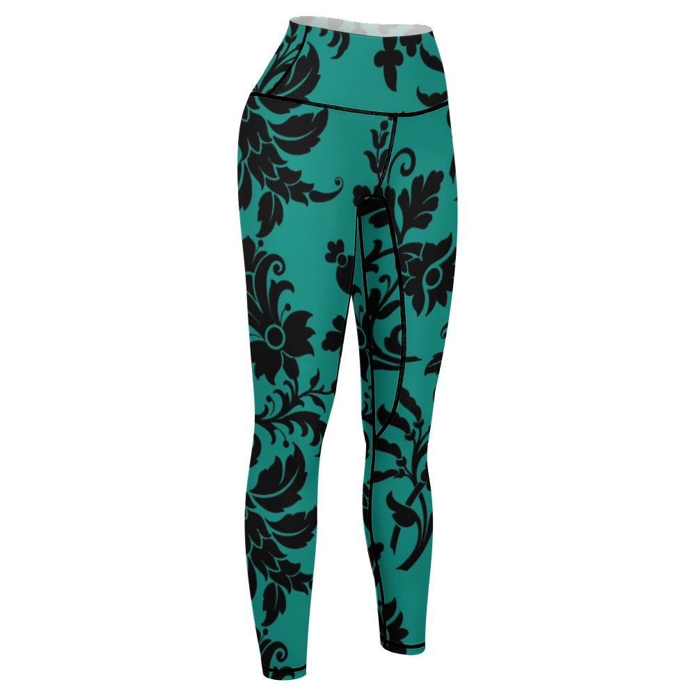 Stylish Black Floral Print Teal Yoga Pants for Women - Comfortable High-Waisted Workout Leggings for Yoga, Gym & Lounge Wear