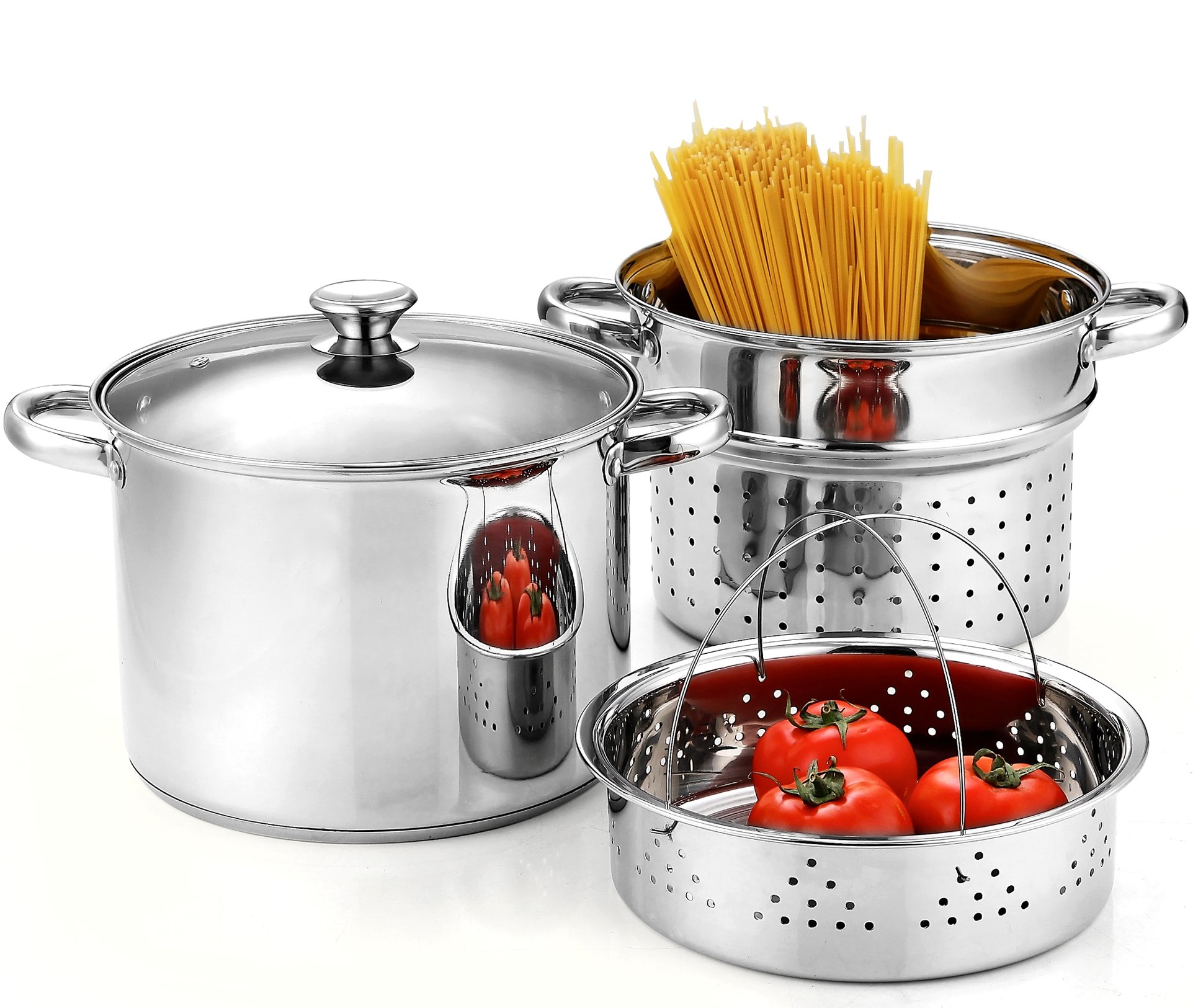 Cook N Home 4-Piece 8 Quart Stainless Steel Multipot Set with Pasta Cooker & Steamer | 12-Piece Basic Kitchen Cookware Set | Pots & Pans for Cooking, Boiling & Steaming | Perfect for Family Meals & Entertaining