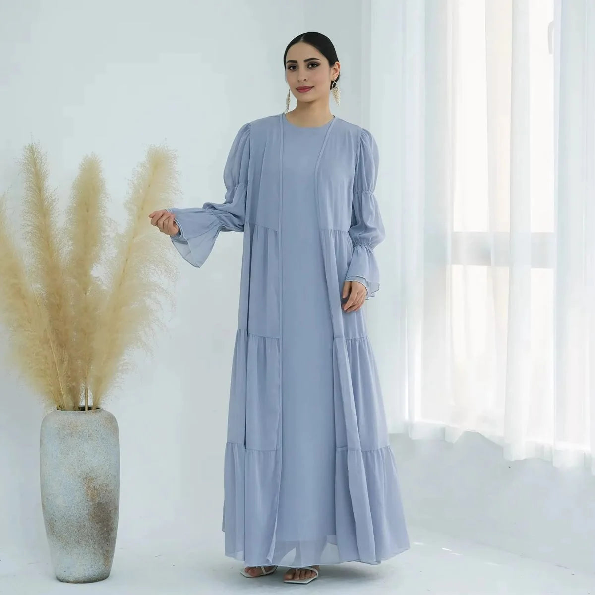 2 Piece Set Chiffon Open Abaya Dress with Inner Dress - Elegant Muslim Women's Prayer Dress for Ramadan, Eid & Special Occasions #25866