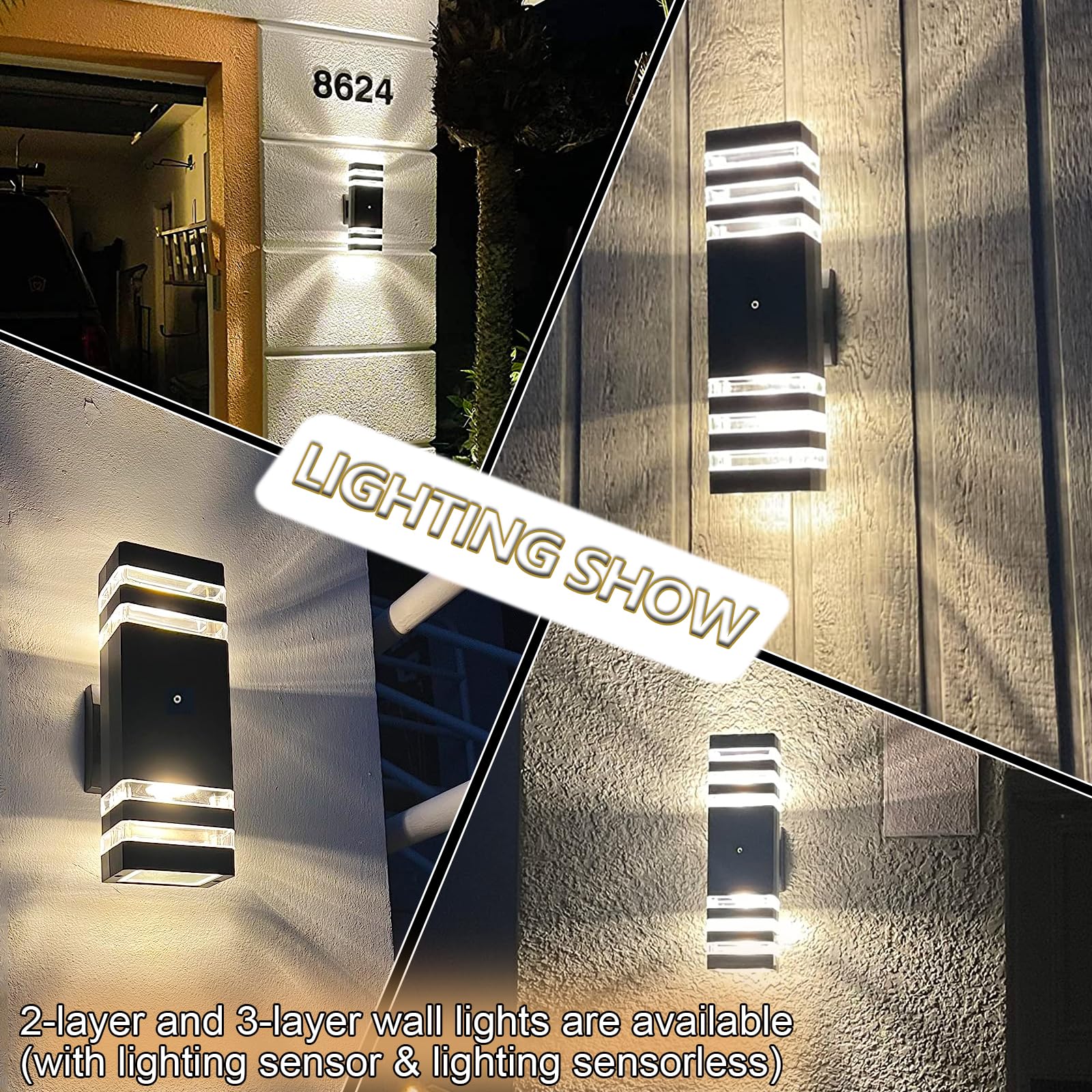 4 Pack Dusk to Dawn Outdoor Wall Lights - Modern Black Exterior Light Fixture, 2-Layer Waterproof IP65 Up Down Wall Sconces for Garage, Porch, House (3000K Warm White) - Perfect for Entryway, Patio, Garden & Driveway Lighting