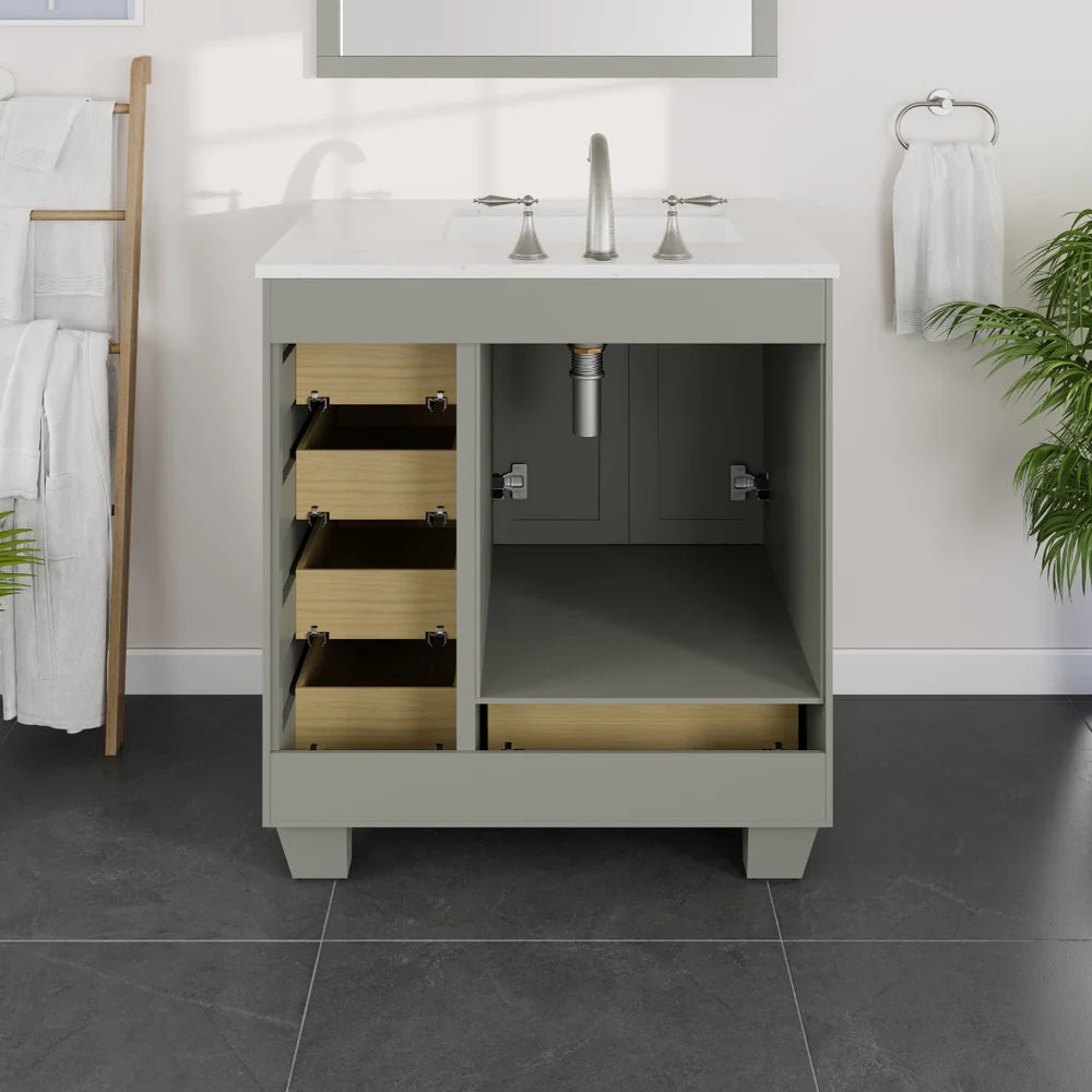 Eviva Acclaim 30 Inch Bathroom Vanity with Carrara Quartz Countertop - Modern White Bathroom Sink Cabinet for Small Spaces, Perfect for Powder Rooms and Guest Bathrooms