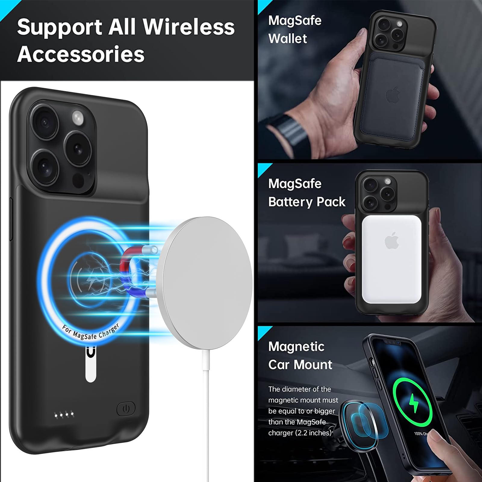 iPhone 15 Pro Max Wireless Charging Case - 12000mAh High Capacity Battery Pack with Qi Wireless Charging | Portable Extended Battery Charger for iPhone 15 Pro Max (6.7 inch) | Perfect for Travel, Work & Outdoor Activities (Black)