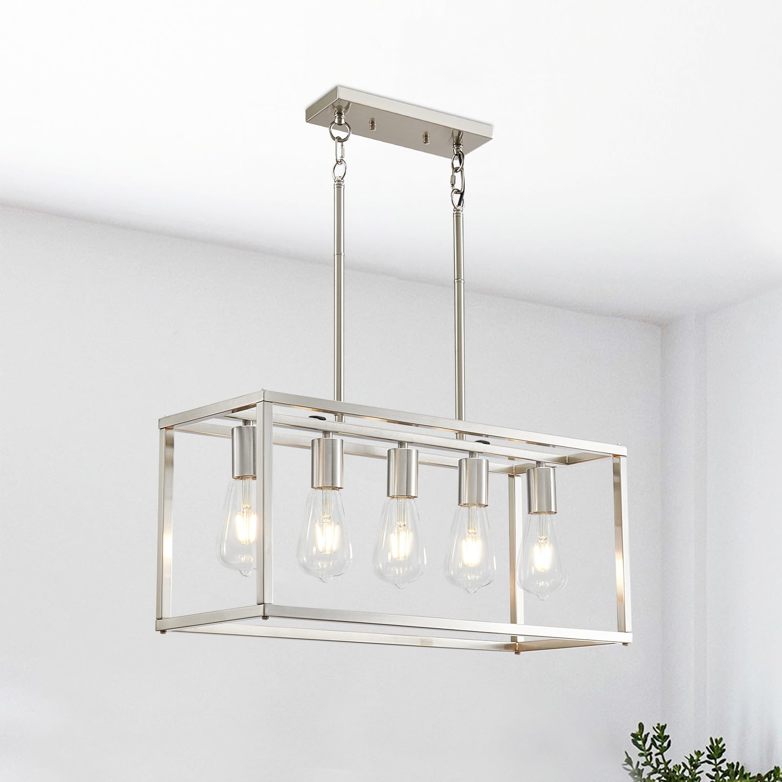 5-Light Modern Linear Pendant Lighting for Kitchen Island & Dining Room - Adjustable Height Brushed Nickel Chandelier with E26 Base - Perfect for Contemporary Home Decor & Restaurant Lighting