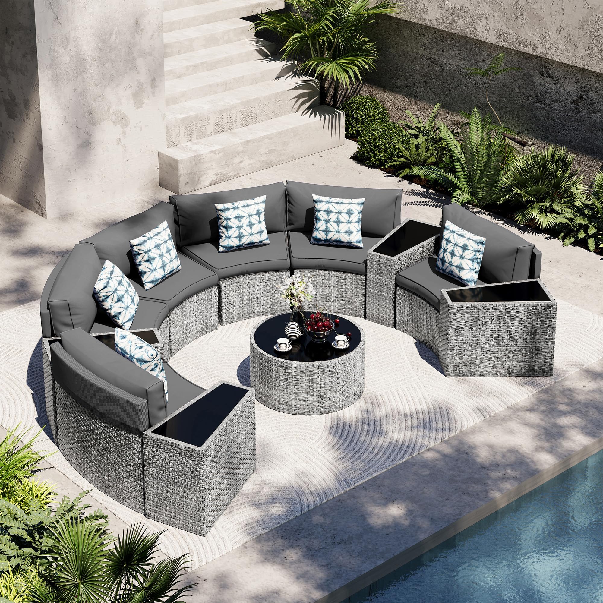 UDPATIO 11-Piece Fully Assembled Outdoor Sectional Sofa Set - Half Moon Curved Modular Wicker Furniture with Round Coffee Table & Waterproof Cover - Heavy Duty Patio Furniture for Porch, Backyard, Garden (Grey) | Perfect for Outdoor Entertaining, Poolside Relaxation & Family Gatherings