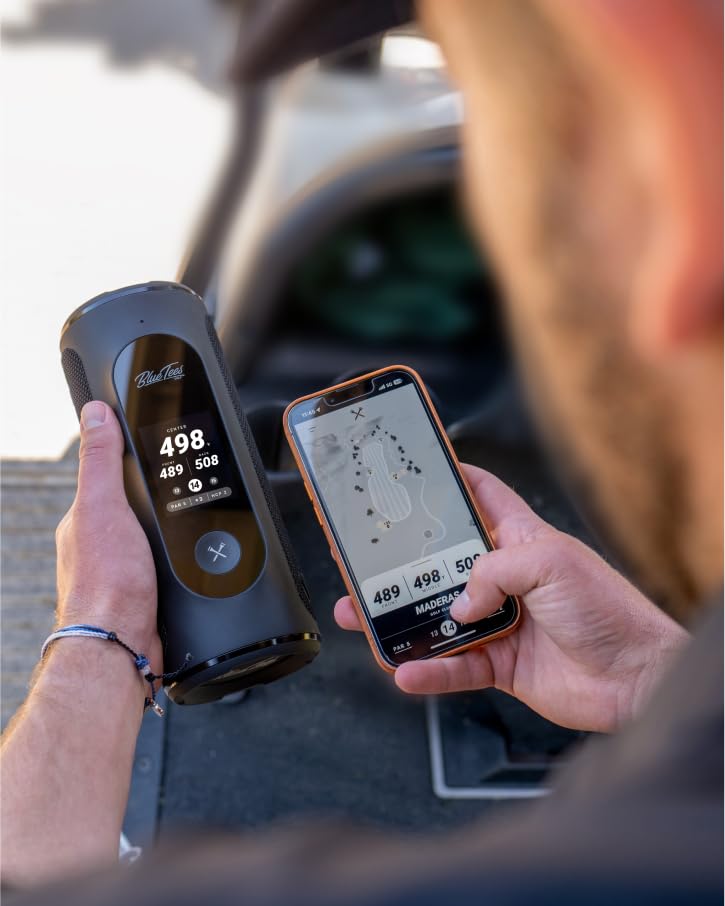 Blue Tees Golf Player+ GPS Speaker with Touch Screen Display | 10+ Hours Battery Life | 40,000+ Preloaded Golf Courses | Visual & Audible Distance Measurements | Hazard Detection | IPX7 Waterproof (Black) | Perfect for On-Course Practice, Driving Range, and Tournament Play