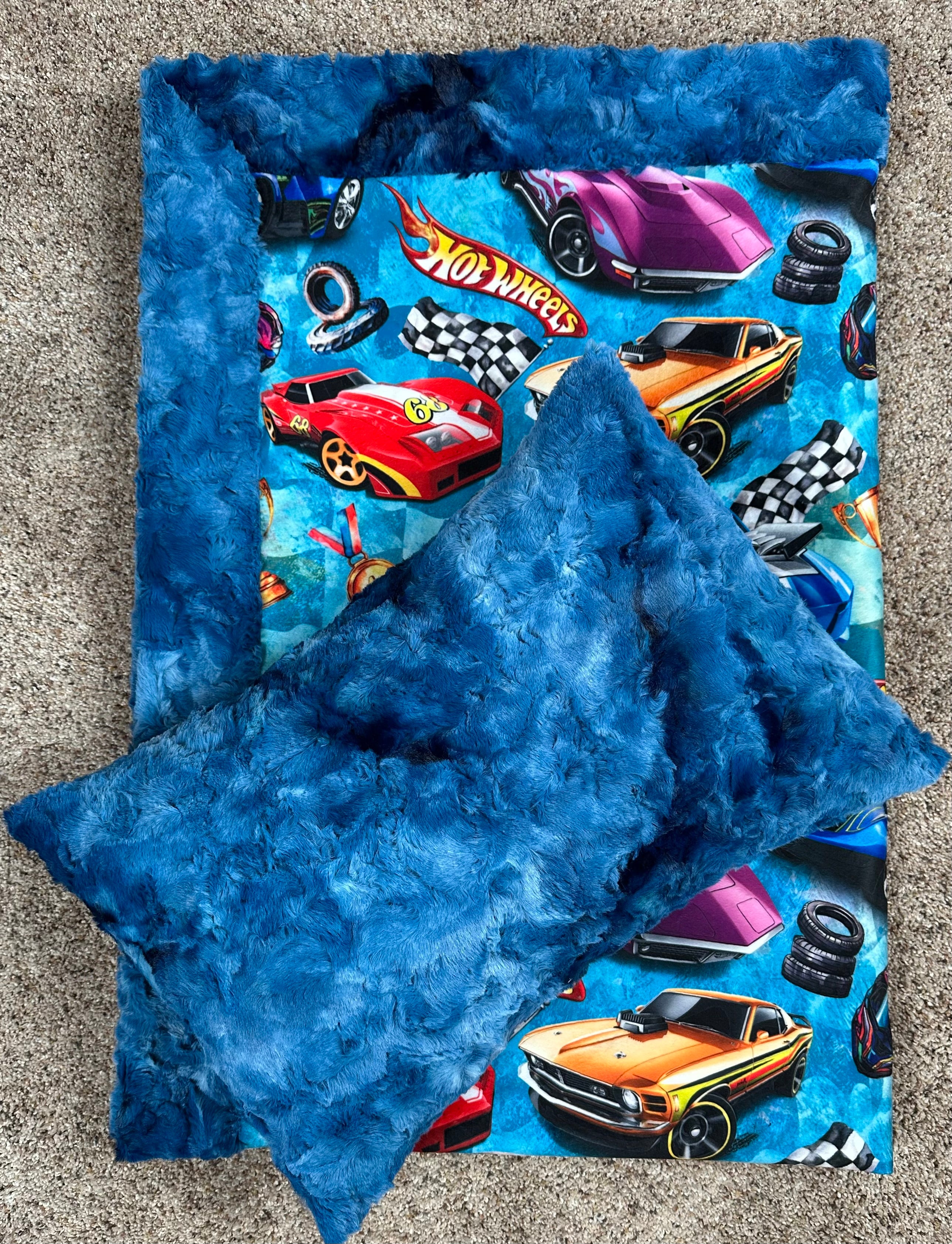 Blue Luxe Minky Blanket 42x60 with Pillowcase for Kids - Soft Racing Car Themed Blanket for Boys & Girls - Perfect for Bedtime, Nursery, and Gift Giving