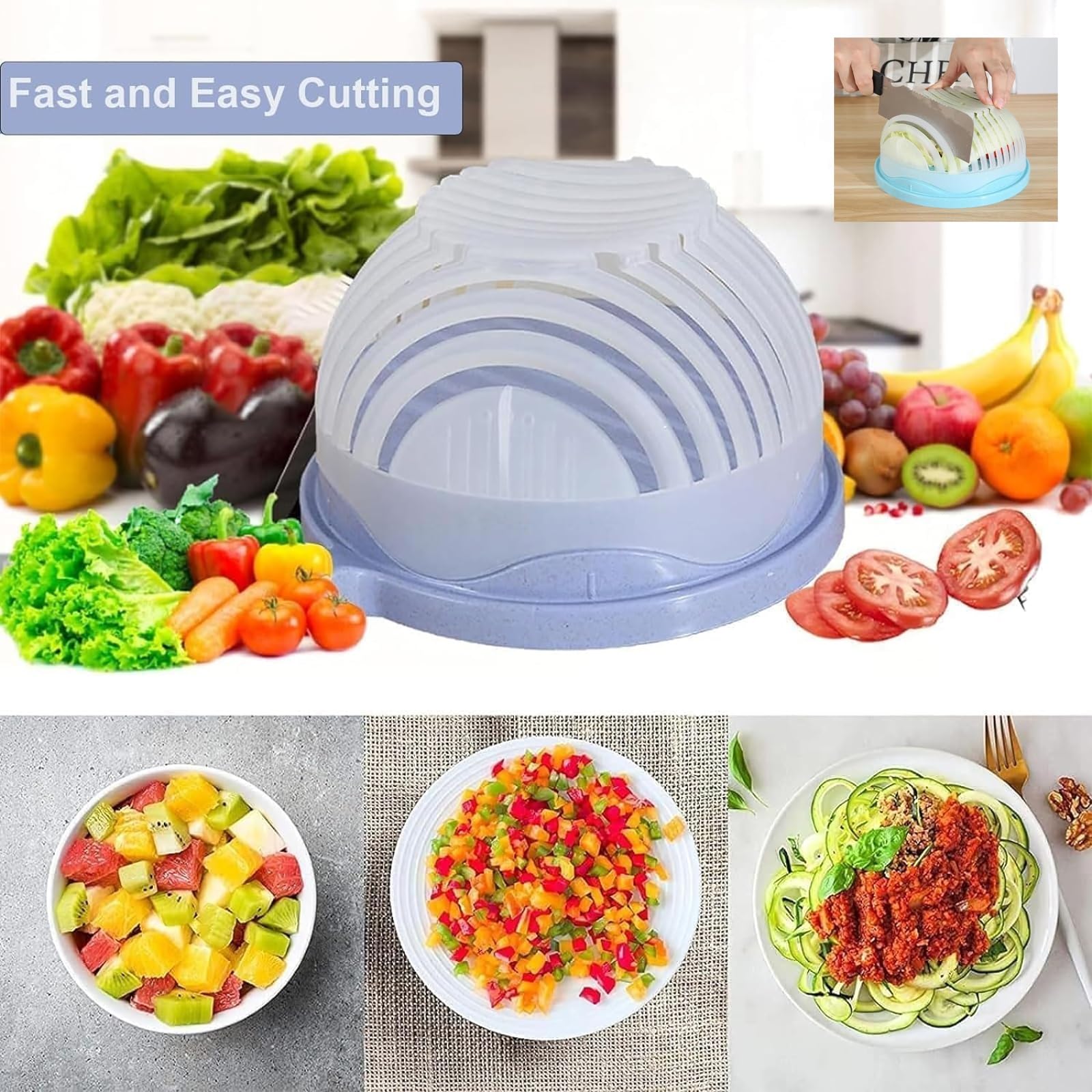 Premium 4-Piece Fruit and Vegetable Cutter Bowl Set with Lid - Multi-Functional Salad Chopper, Slicer & Dicer for Fresh Salads, Meal Prep & Healthy Snacking - BPA-Free Kitchen Gadget for Easy Food Preparation