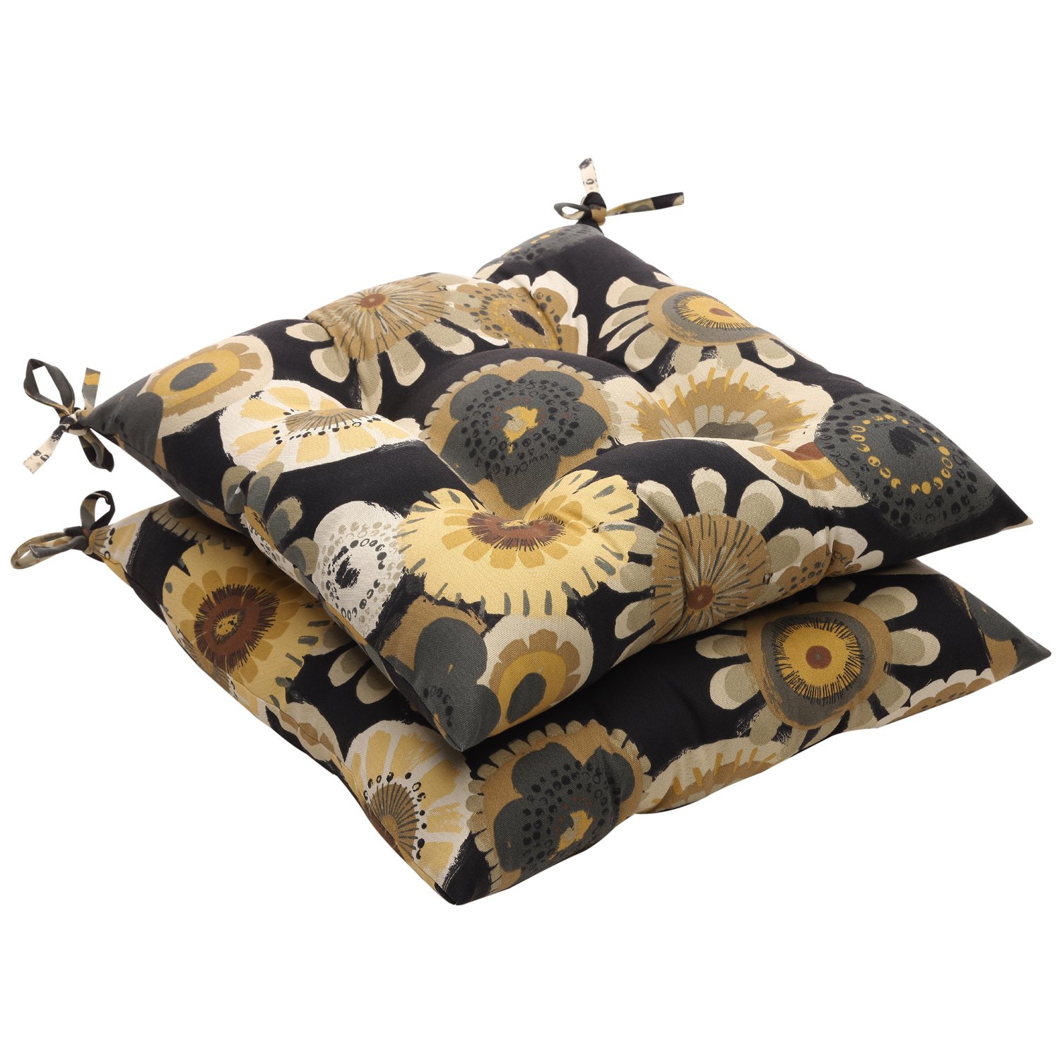 Set of 2 Reversible Black & Gray Floral Tufted Outdoor Patio Chair Cushions 19-Inch - Perfect for Garden, Deck, and Poolside Lounging