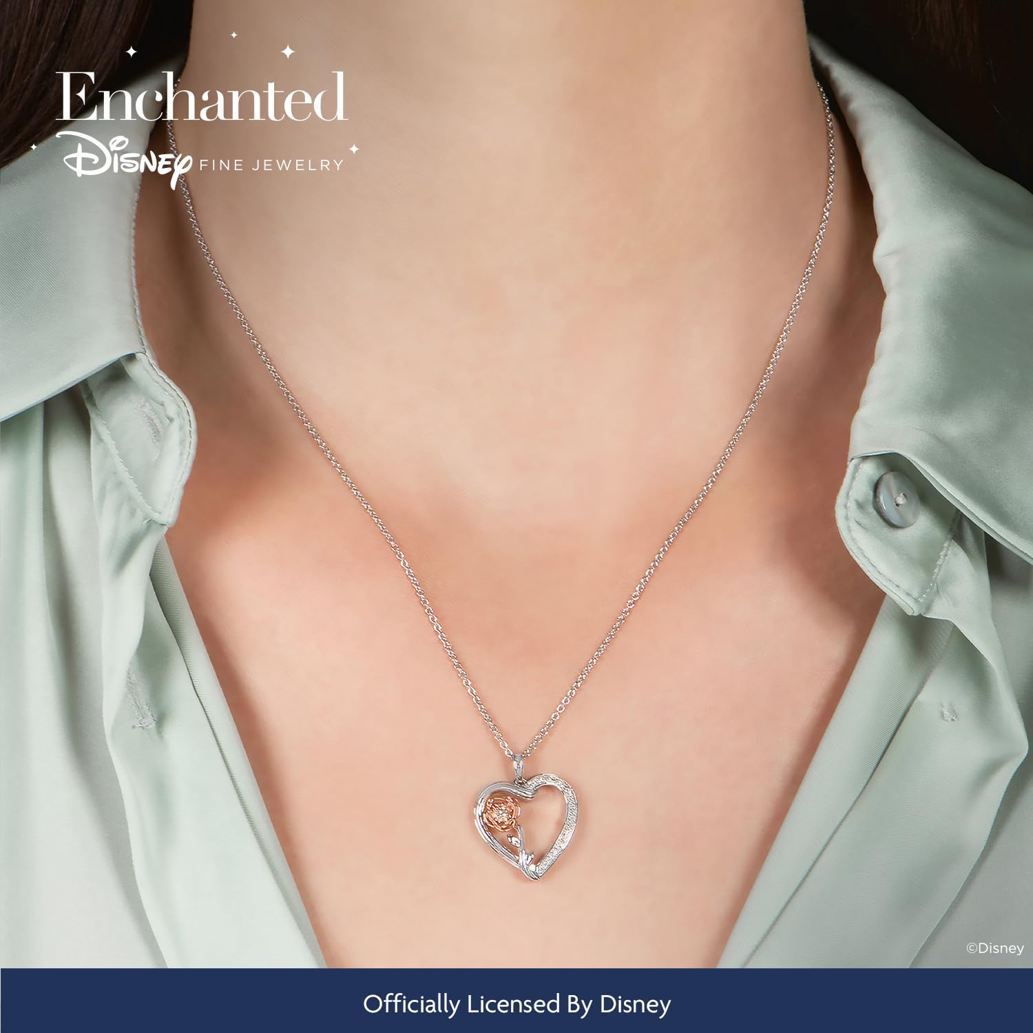 Jewelili Enchanted Disney Fine Jewelry - Sterling Silver & 10K Rose Gold 1/10 CTTW Diamond Belle Rose Heart Pendant Necklace | Perfect for Disney Fans, Romantic Gifts & Special Occasions