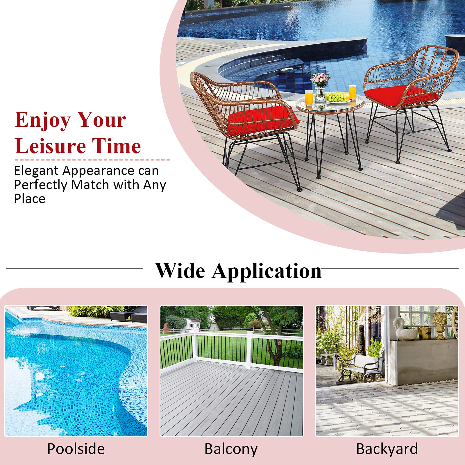 Tangkula 3-Piece Patio Conversation Set - Outdoor Wicker Furniture with Round Tempered Glass Table & 2 Rattan Chairs, Bistro Set with Cushions for Porch, Backyard, Garden, Deck or Poolside Relaxation